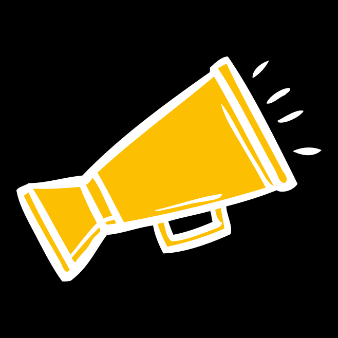 Yellow megaphone with sound lines on a black background.