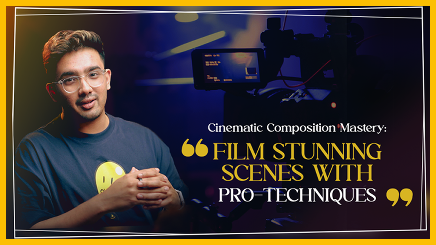 A man with glasses and a dark t-shirt standing in front of camera equipment with a quote about cinematic composition mastery and pro-techniques.