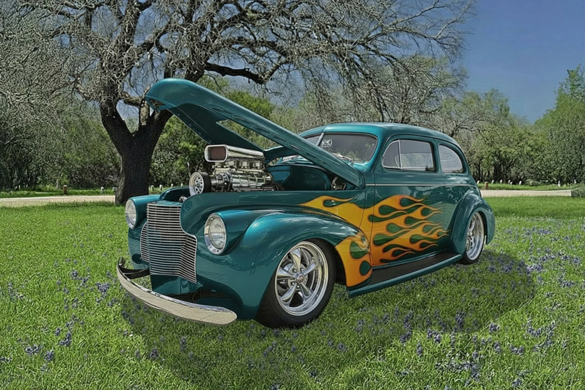 A vintage teal car with yellow flame decals on its sides, parked on grass near trees, with its hood open revealing the engine.
