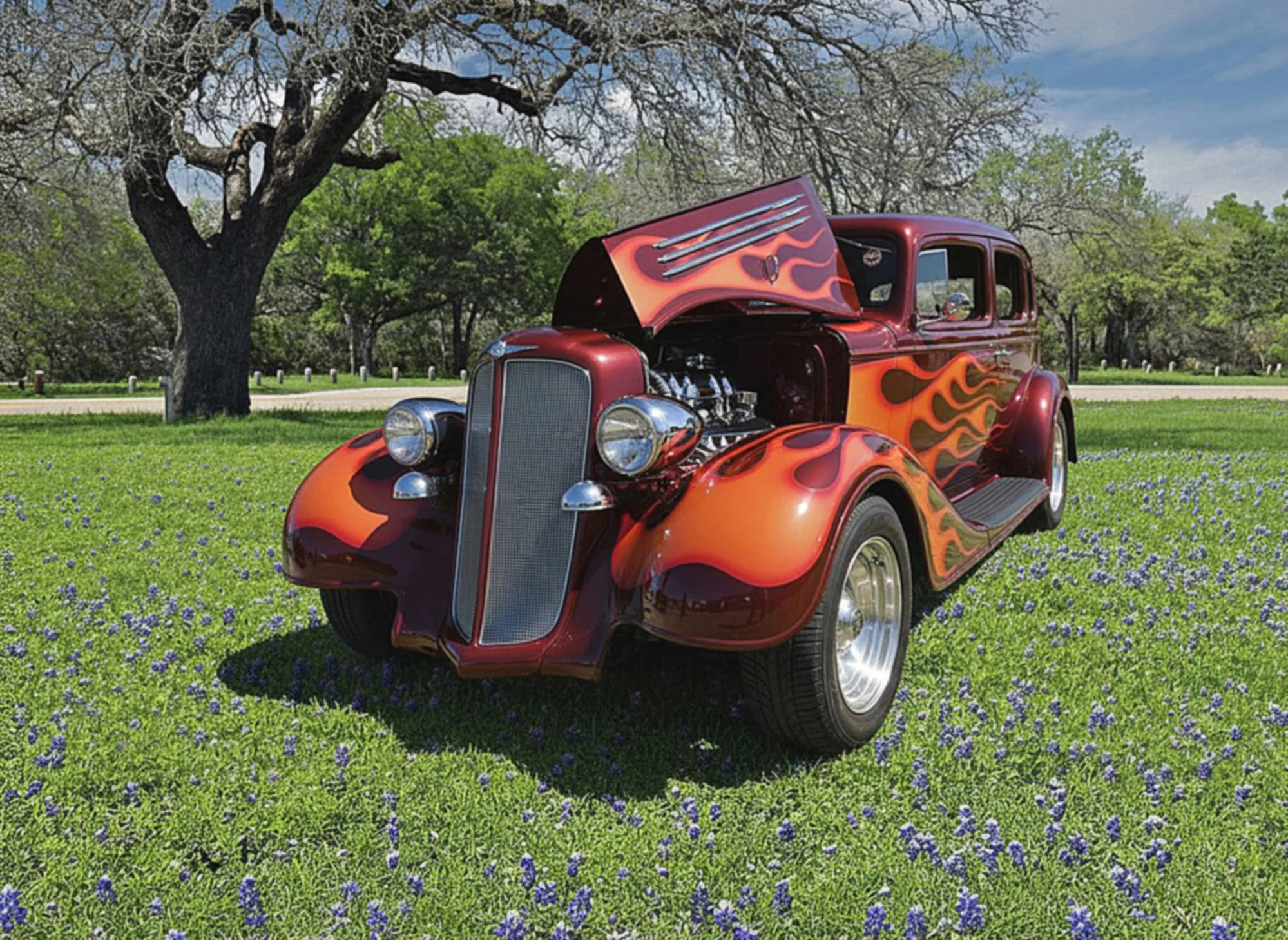 A vintage red car with painted flame designs on the hood and sides, parked in a lush green field with purple flowers, near large trees under a blue sky.