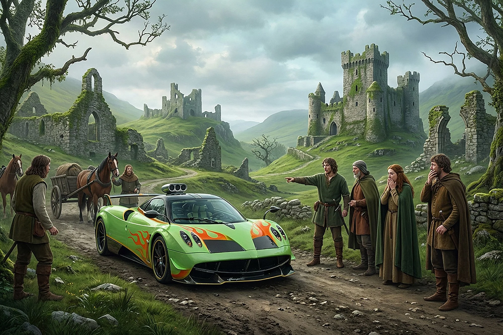 A scene from a fantasy film showing medieval characters near a modern sports car and a high-tech car in a lush green landscape with ruined castles and mountains in the background.