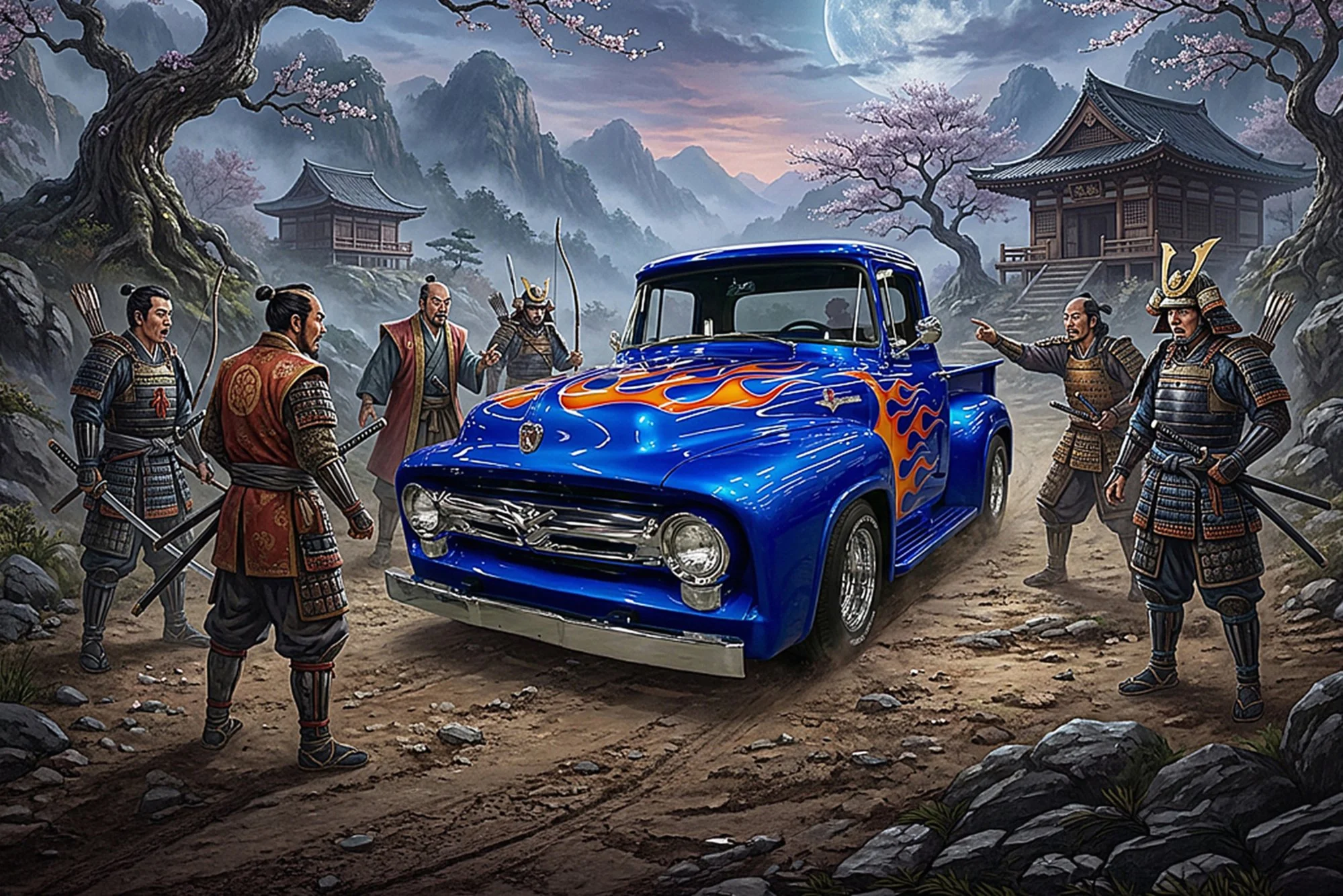 A group of ancient Japanese warriors in traditional armor surrounds a modern blue pickup truck with flames painted on its hood, set against a scenic background of misty mountains, cherry blossom trees, and traditional Japanese buildings under a cloud