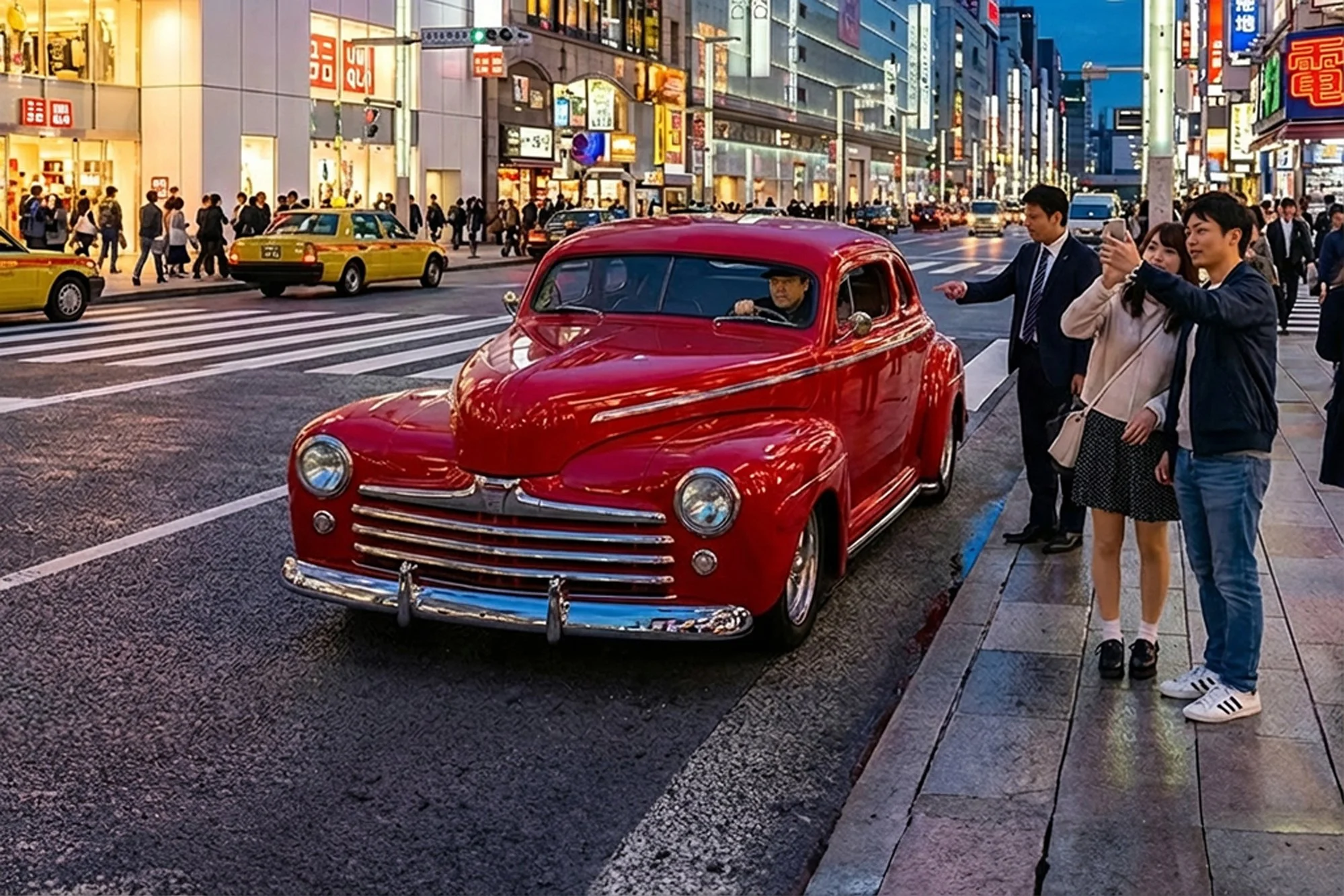 A bright red vintage car parked on a city street with people walking and taking photos, illuminated by city lights in a busy urban area during evening or night.