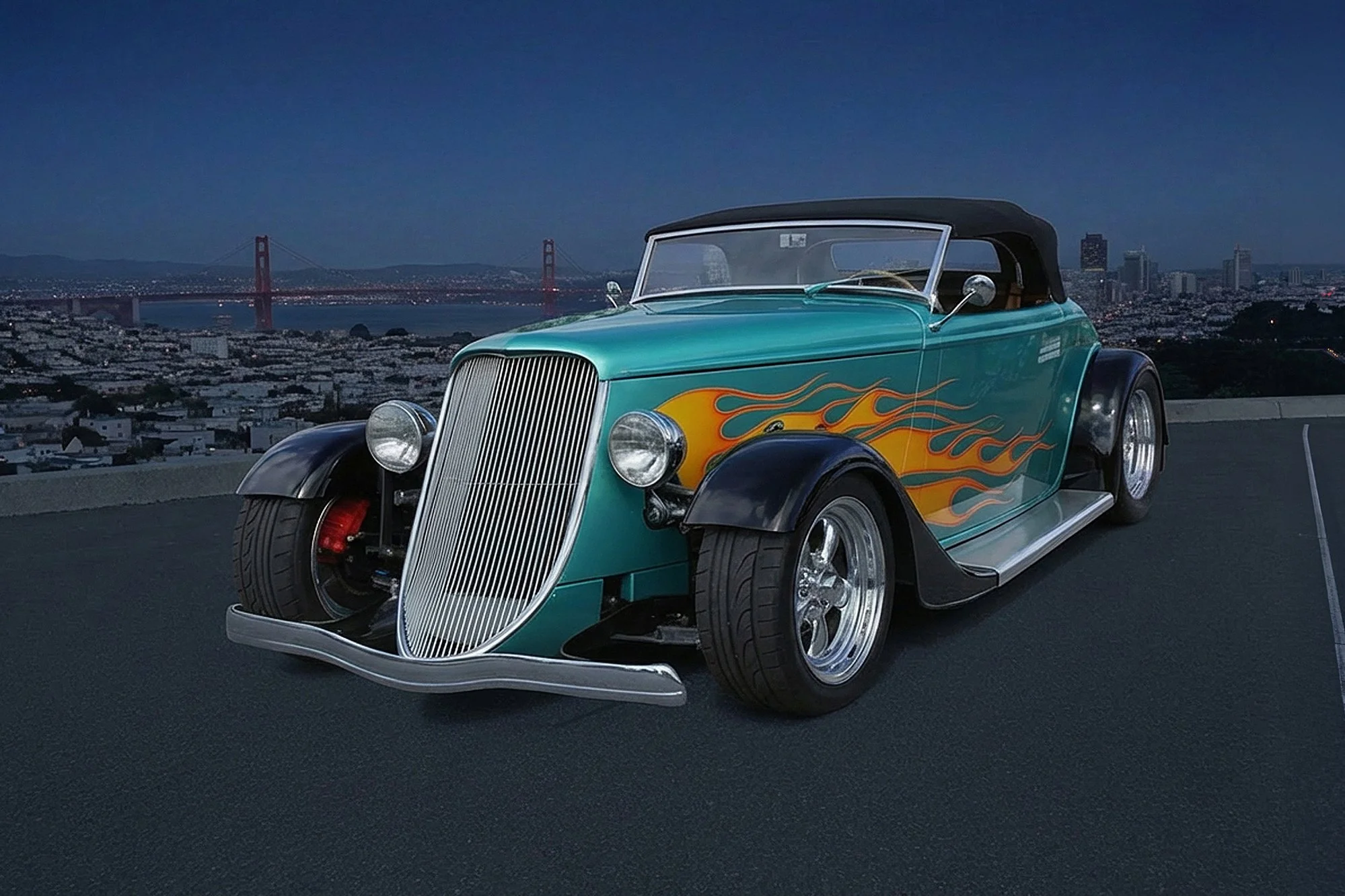 A vintage car painted turquoise with flame decals parked on a hilltop, with the San Francisco skyline and the Golden Gate Bridge visible in the background during twilight.