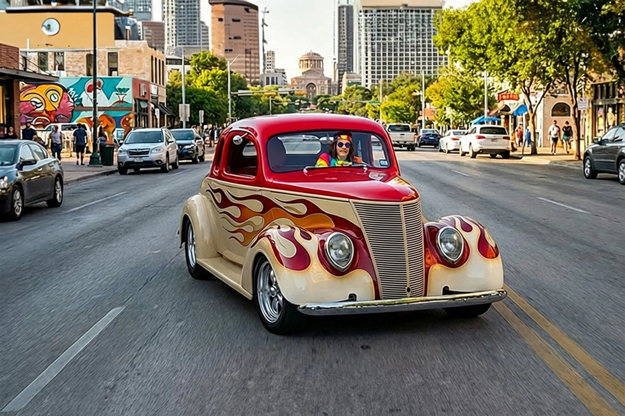 A vintage cream-colored car with red flames painted on the sides driving on a city street. The driver, a woman wearing sunglasses and colorful clothing, is smiling. The street is busy with other cars and pedestrians, and colorful buildings and city s