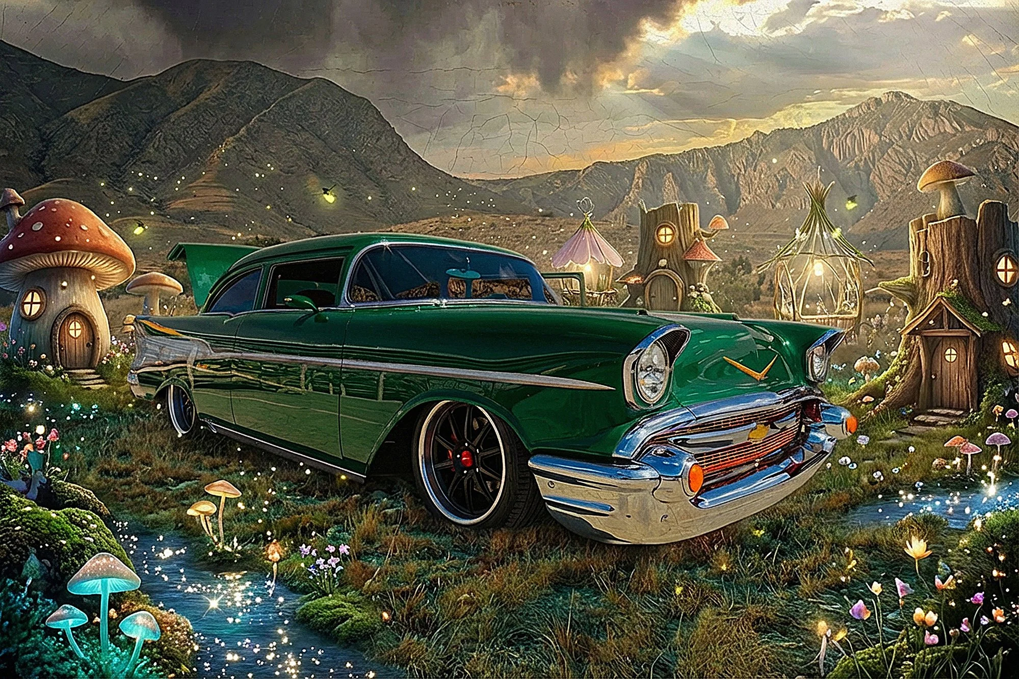 A vintage green car parked in a whimsical fairy tale landscape with oversized mushrooms, glowing fairy lights, small fairy houses, and a mountain range under a cloudy sky.
