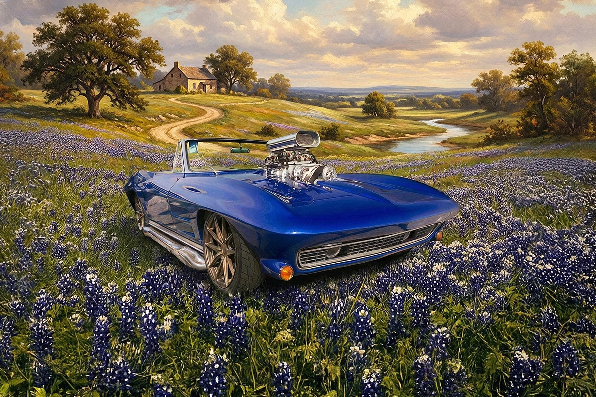 A vintage blue sports car with a supercharged engine is parked in a field of bluebonnets. In the background, there is a dirt road leading to a stone house surrounded by trees, with a river and rolling hills under a cloudy sky.
