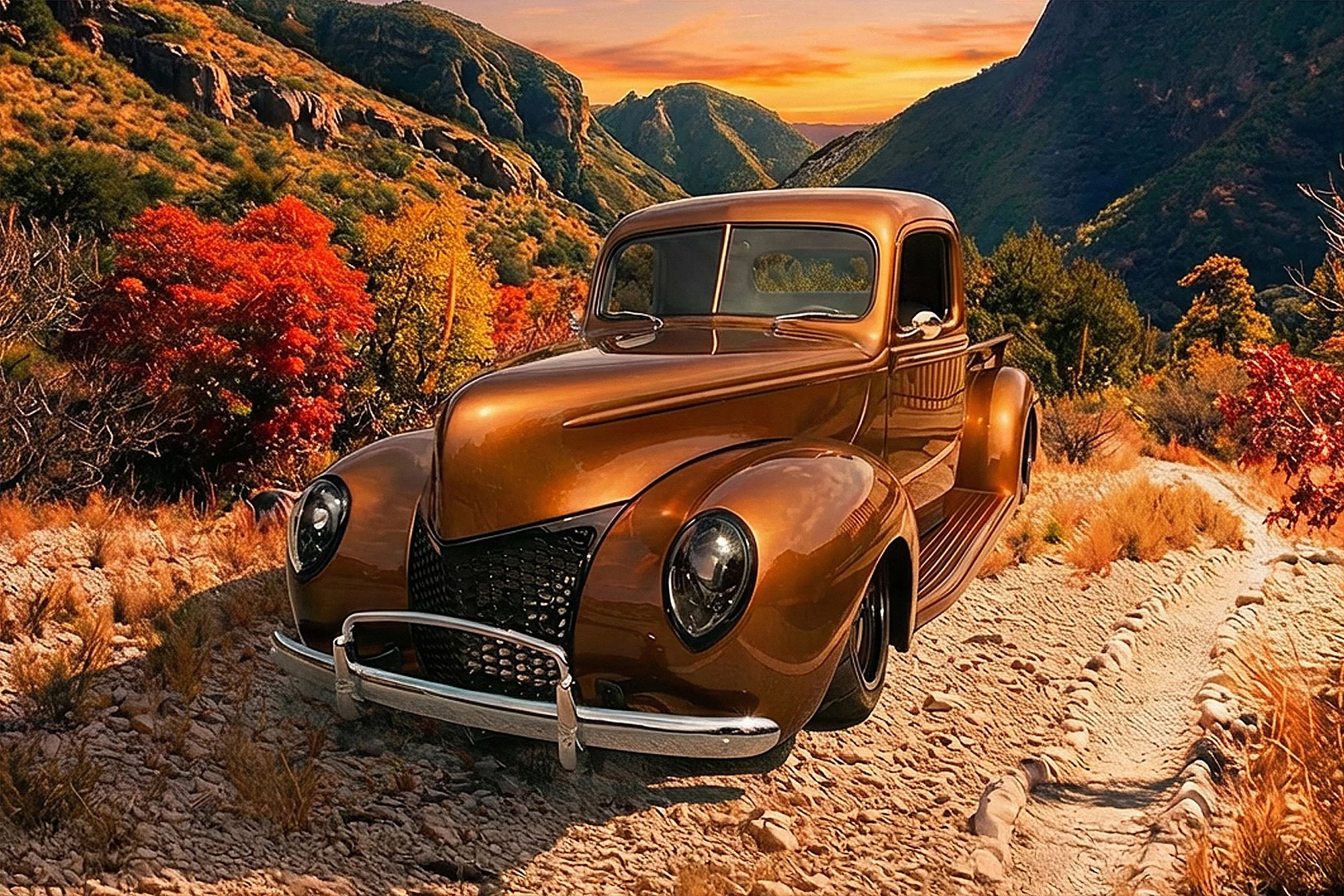 A vintage gold-colored truck parked on a dirt road surrounded by fall foliage with orange and yellow trees, in a mountainous landscape during sunset.