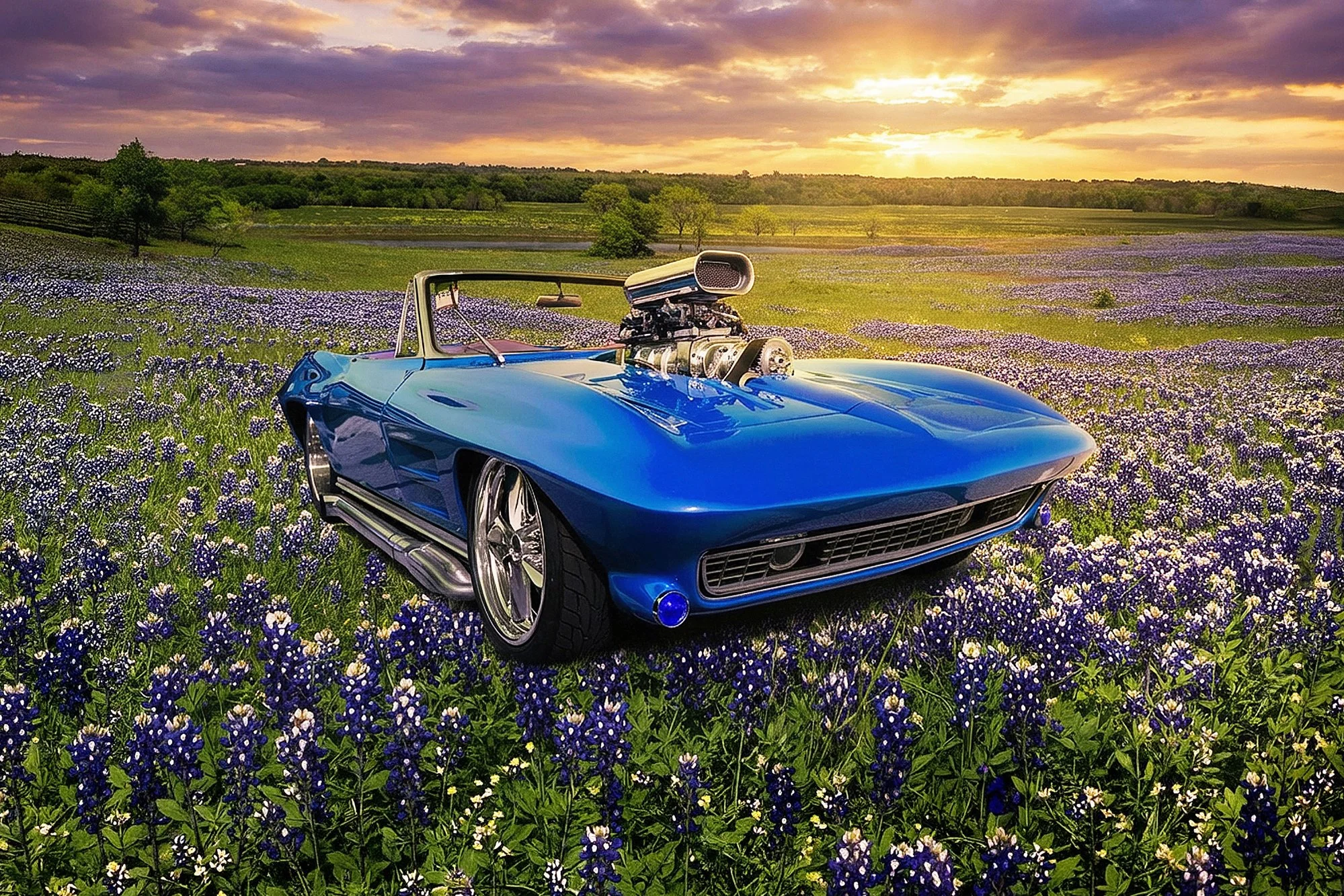 A blue sports car with a large engine protruding from its hood, parked in a field of purple and white flowers during sunset.