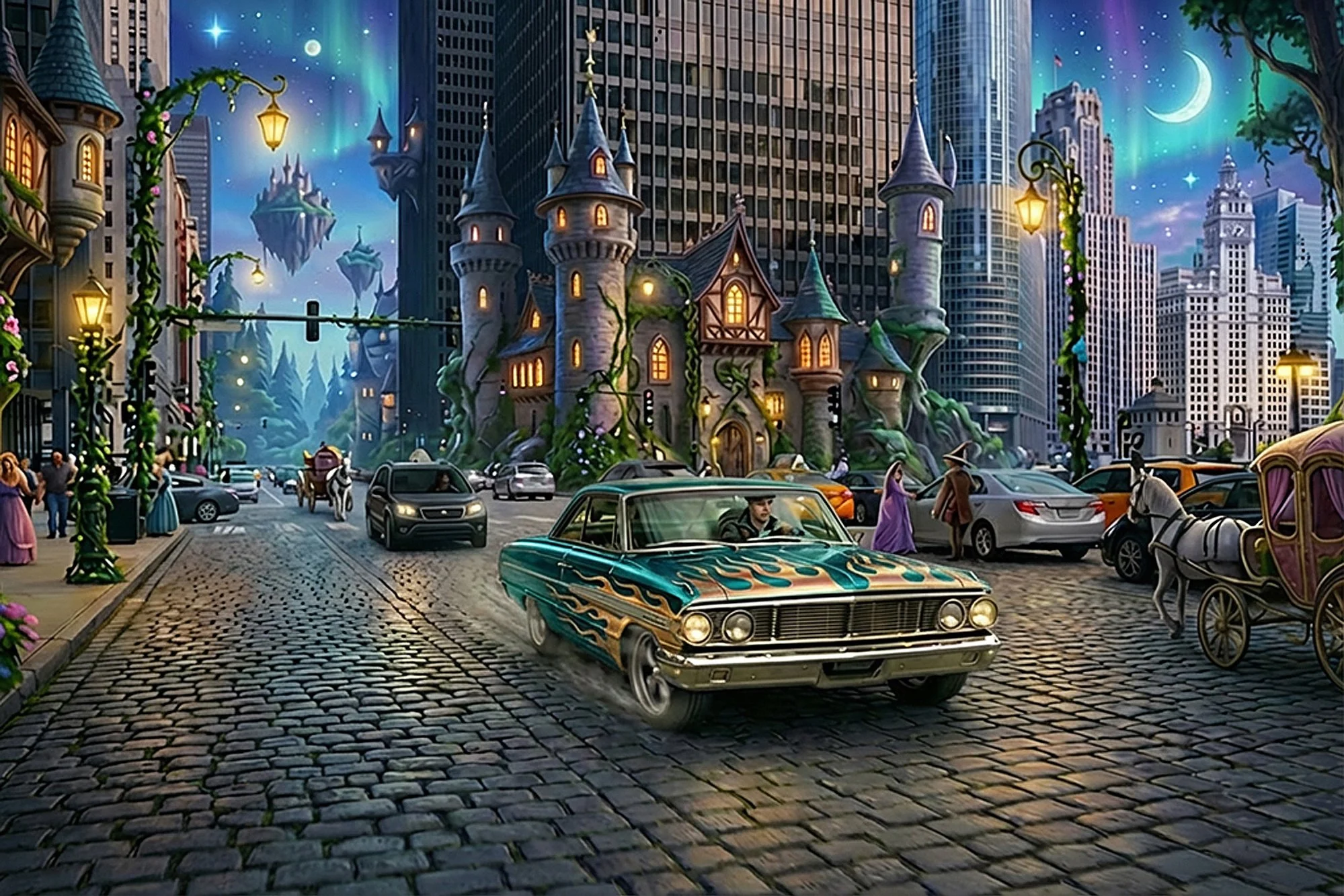 A fantasy cityscape combining a fairy-tale castle with a modern city background, featuring flying islands, colorful night sky with stars, moon, and northern lights, cobblestone street, vintage cars, horse-drawn carriages, and whimsical street lamps, 