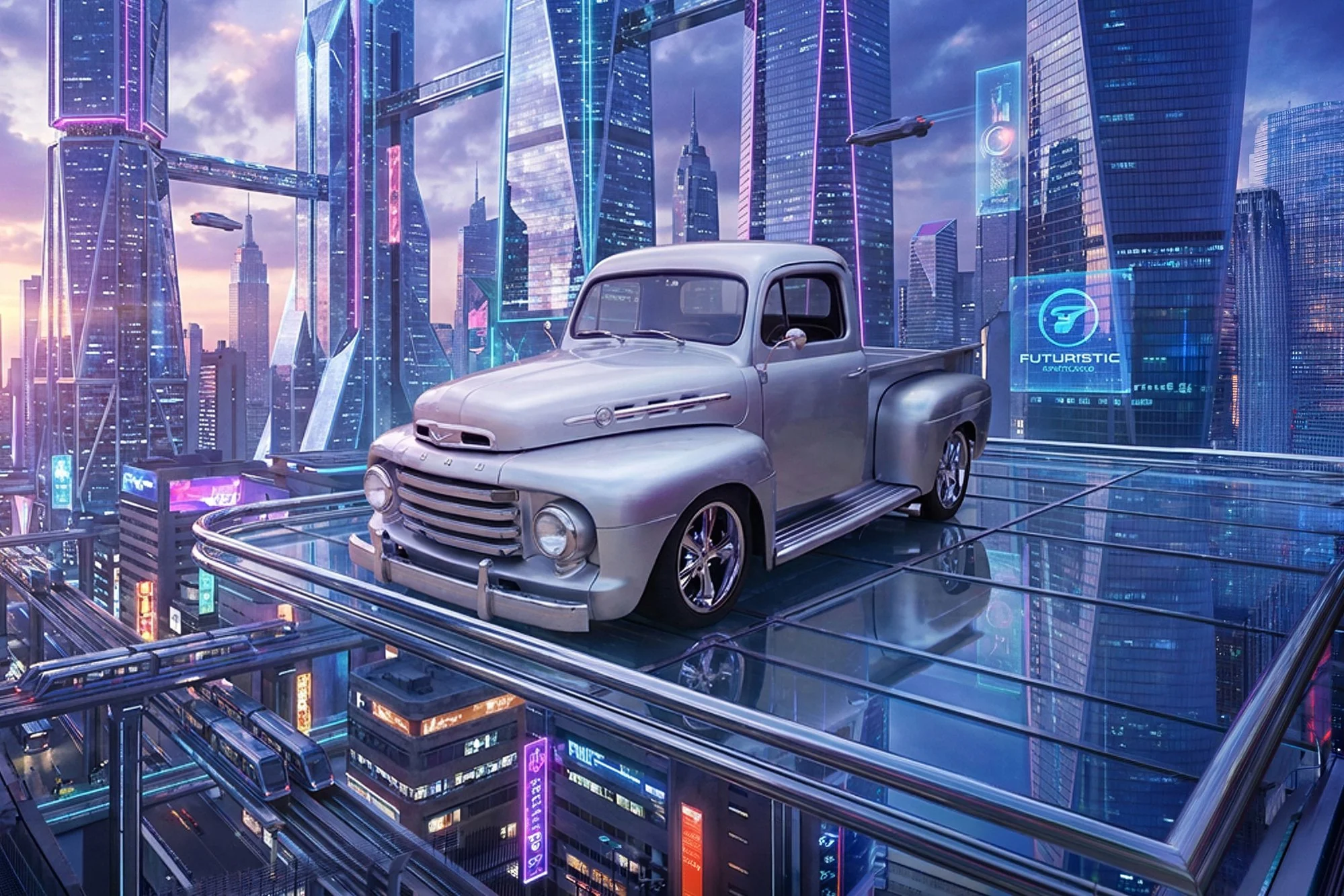 A futuristic cityscape with tall glass skyscrapers illuminated by neon lights, featuring flying cars and a vintage pickup truck on elevated tracks.