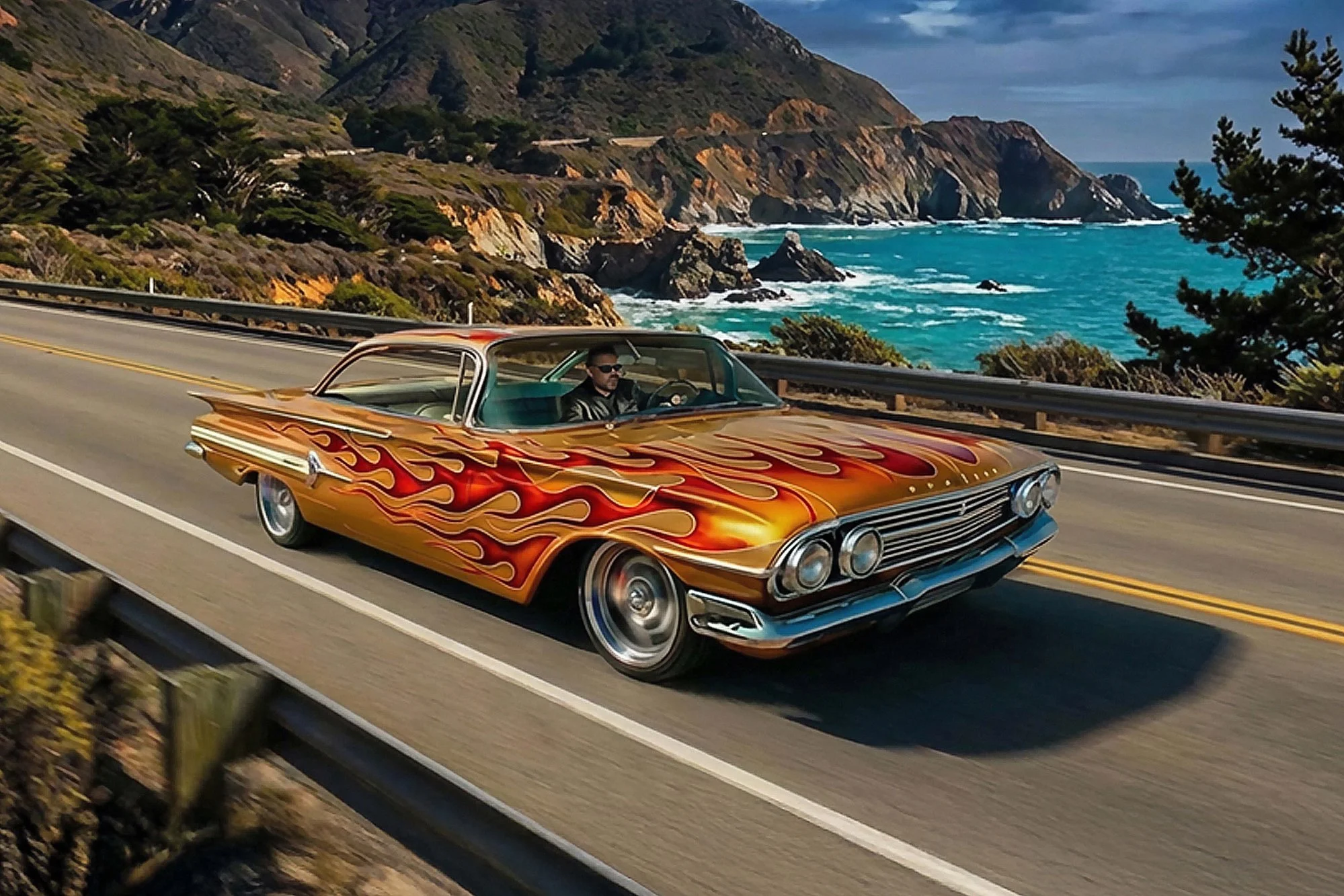 A classic car with flame paint job driving along a coastal highway with cliffs and ocean in the background.