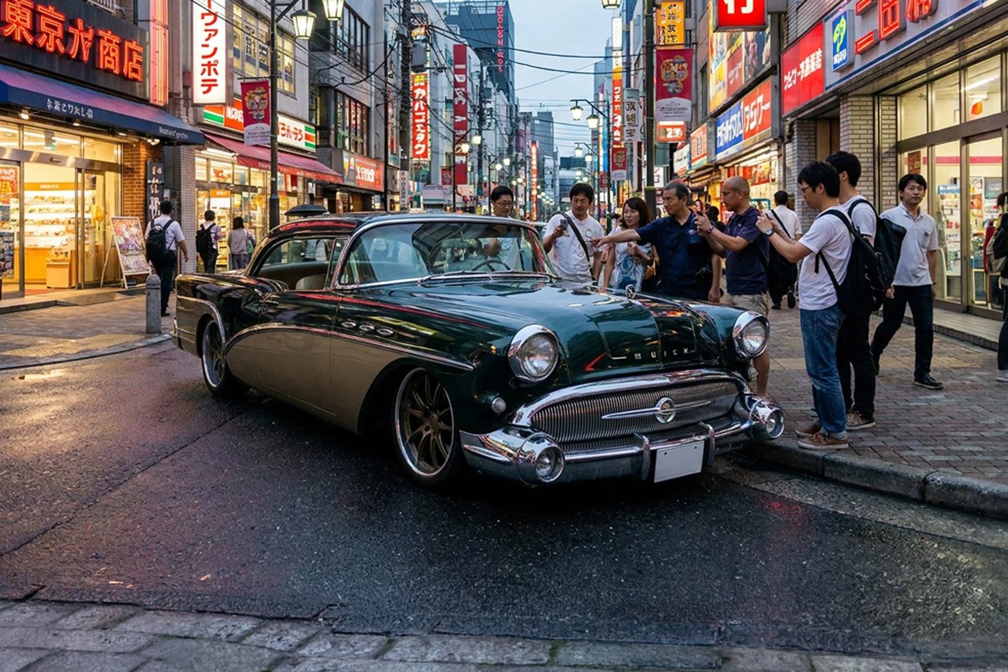 A group of people gathered around a vintage black car on a city street, with illuminated signs in Japanese and storefronts in the background.