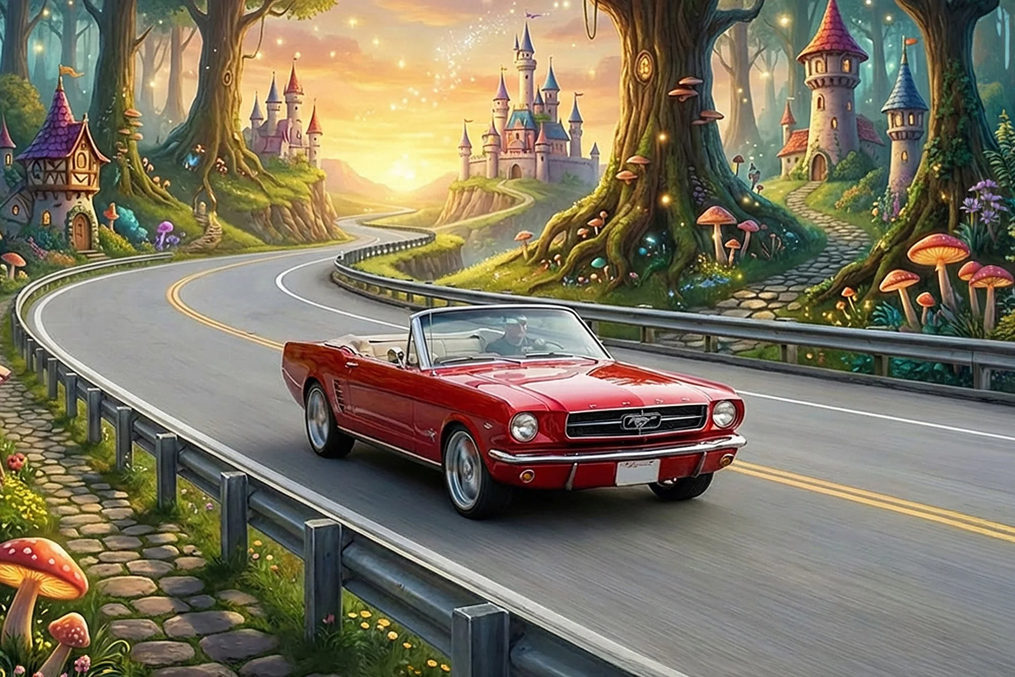 A red vintage sports car driving on a winding road through a fairy tale landscape with large trees, colorful mushrooms, and a castle in the background at sunset.