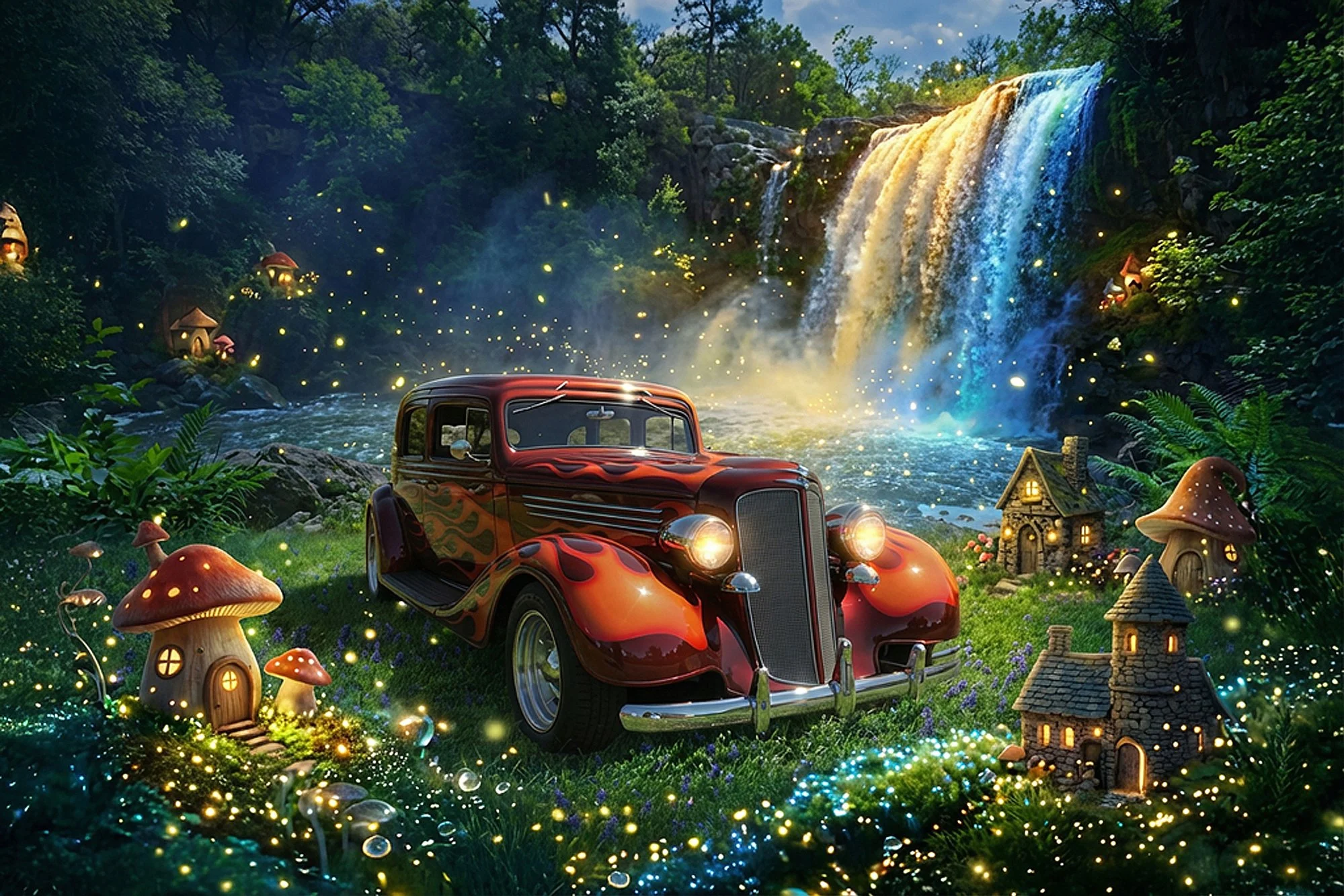 A whimsical scene with a vintage red car surrounded by glowing mushroom houses, fairy lights, a waterfall in the background, and fantasy elements in a lush green forest.