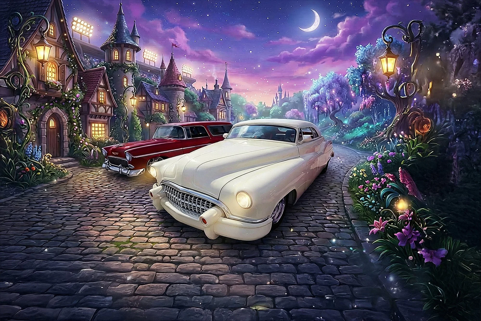 A whimsical, brightly colored fantasy scene with two vintage cars, one white and one red, parked on a cobblestone street. Surrounding the street are beautiful, exaggerated flowers and lush greenery. In the background, fairy-tale style houses with poi