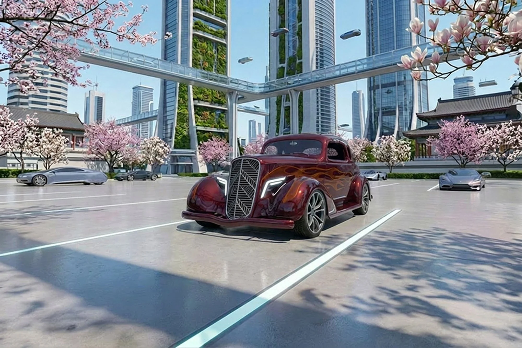 A futuristic cityscape with tall glass skyscrapers and elevated walkways, surrounded by pink cherry blossom trees in bloom. A vintage-style red car with flame decals is parked in a lot in the foreground.