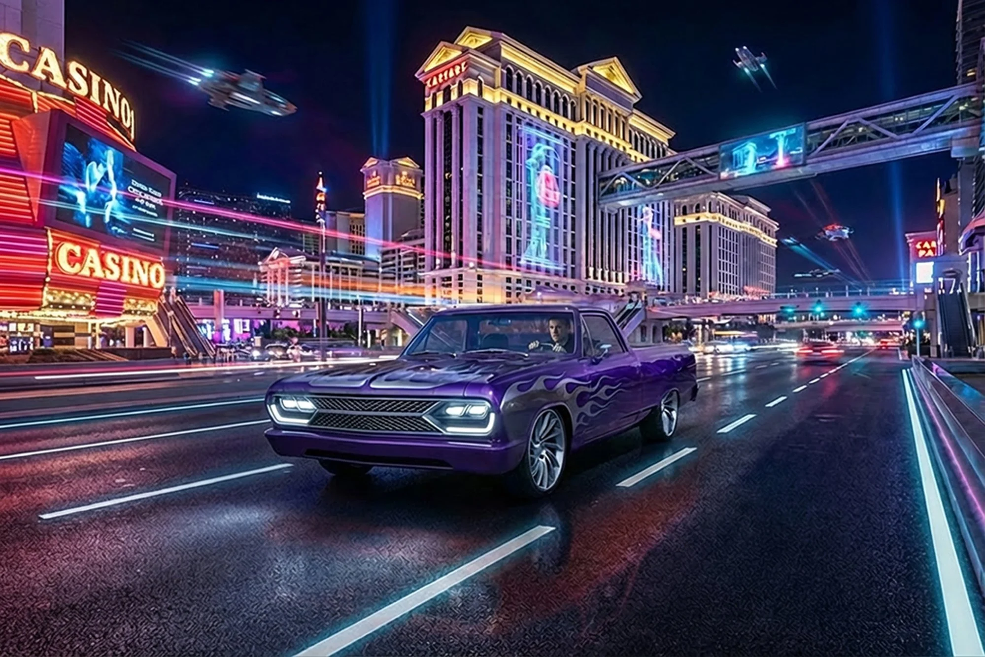 A futuristic city scene at night with neon lights, tall buildings, flying spaceships, and a purple vintage car with flames on its sides driving on a busy street.