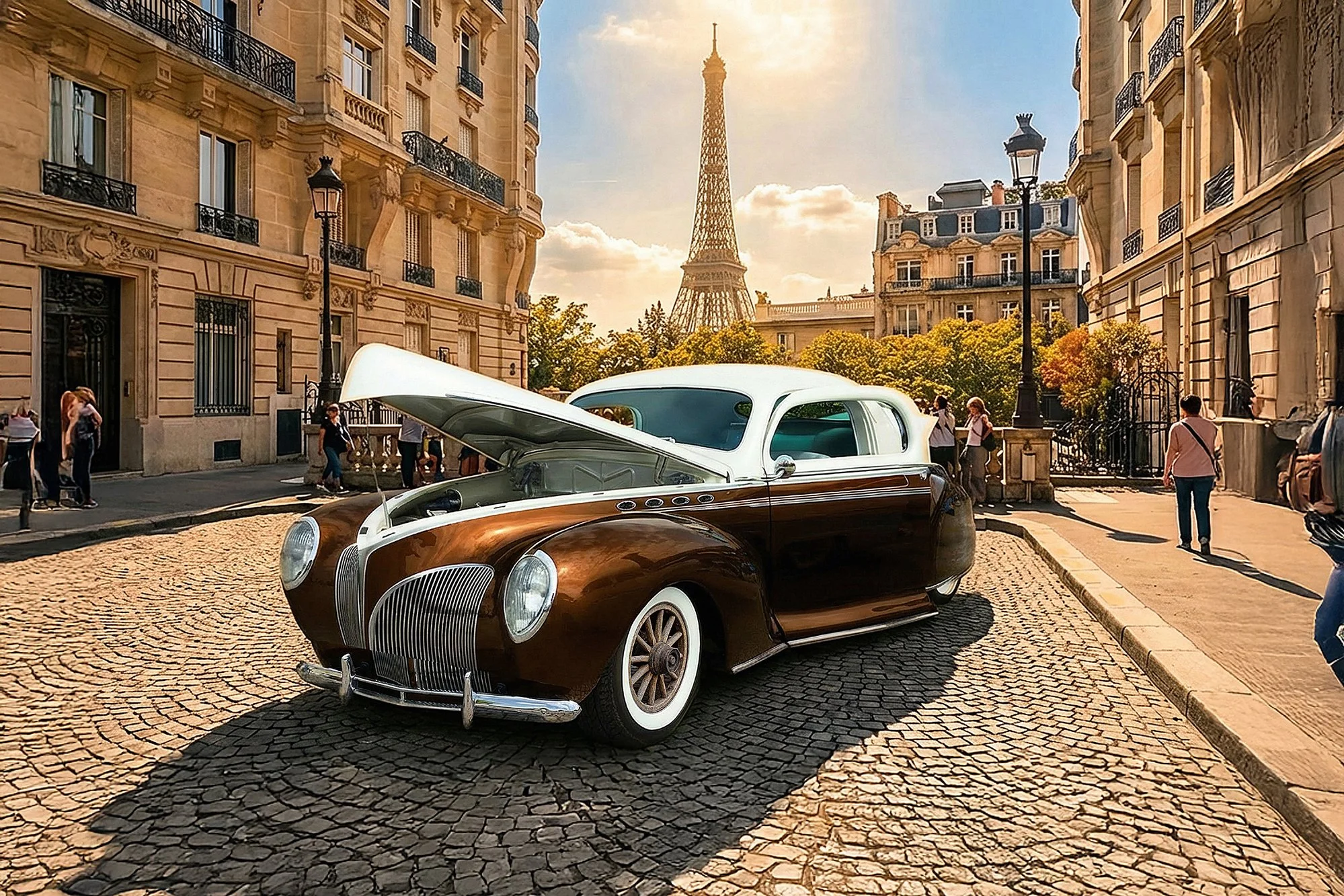 A vintage black and white car with its hood open, parked on a cobblestone street in Paris, France, with the Eiffel Tower in the background surrounded by old Parisian buildings and pedestrians.