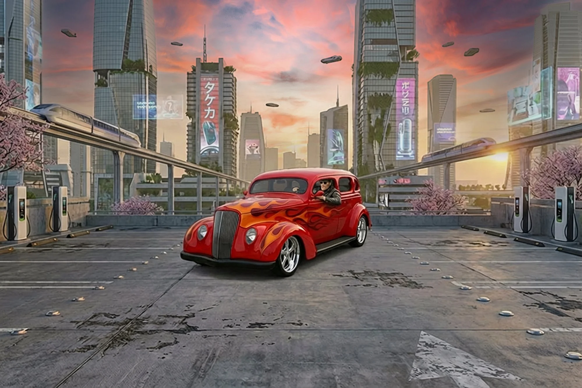 A futuristic cityscape at sunset with towering skyscrapers, flying vehicles, and a monorail system. In the foreground, a vintage red car with flames painted on its side is parked at an electric vehicle charging station, with a person wearing sunglass
