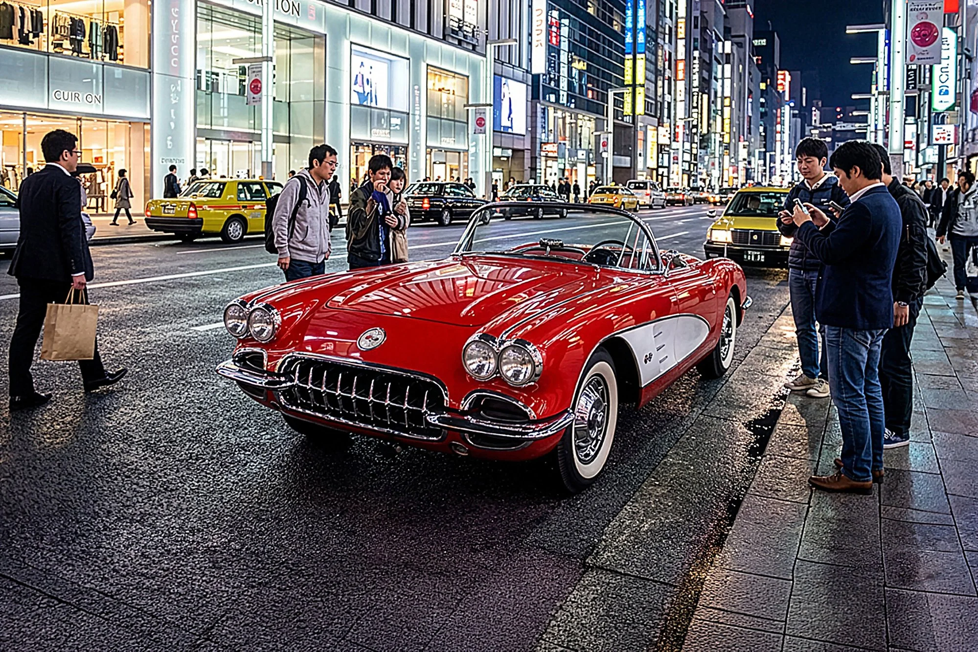 Red vintage convertible car parked on the city street at night with pedestrians around, illuminated buildings, and yellow taxis in the background.