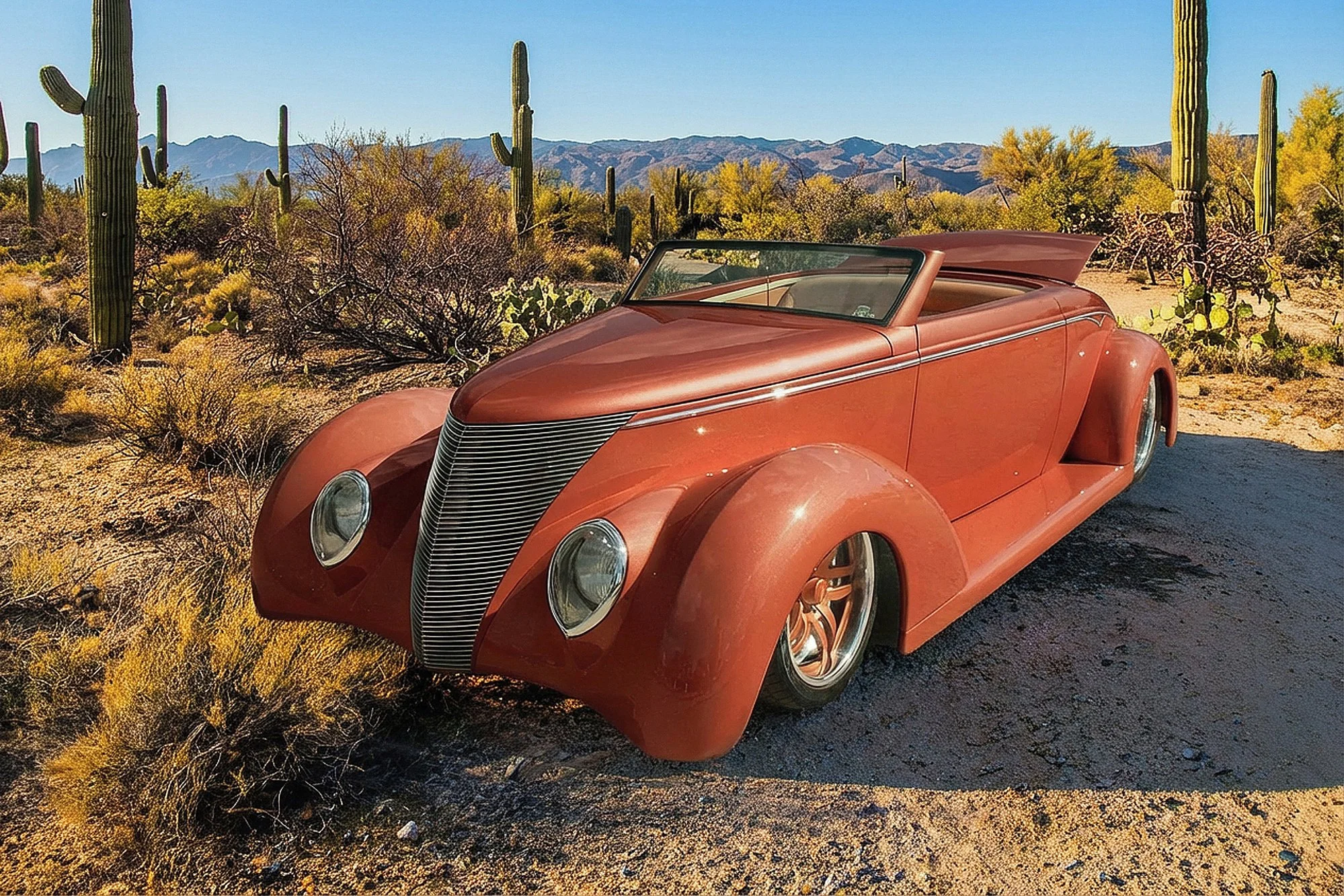 A vintage red convertible car parked on a desert landscape with cacti and bushes, mountain range in the background, under a clear blue sky.