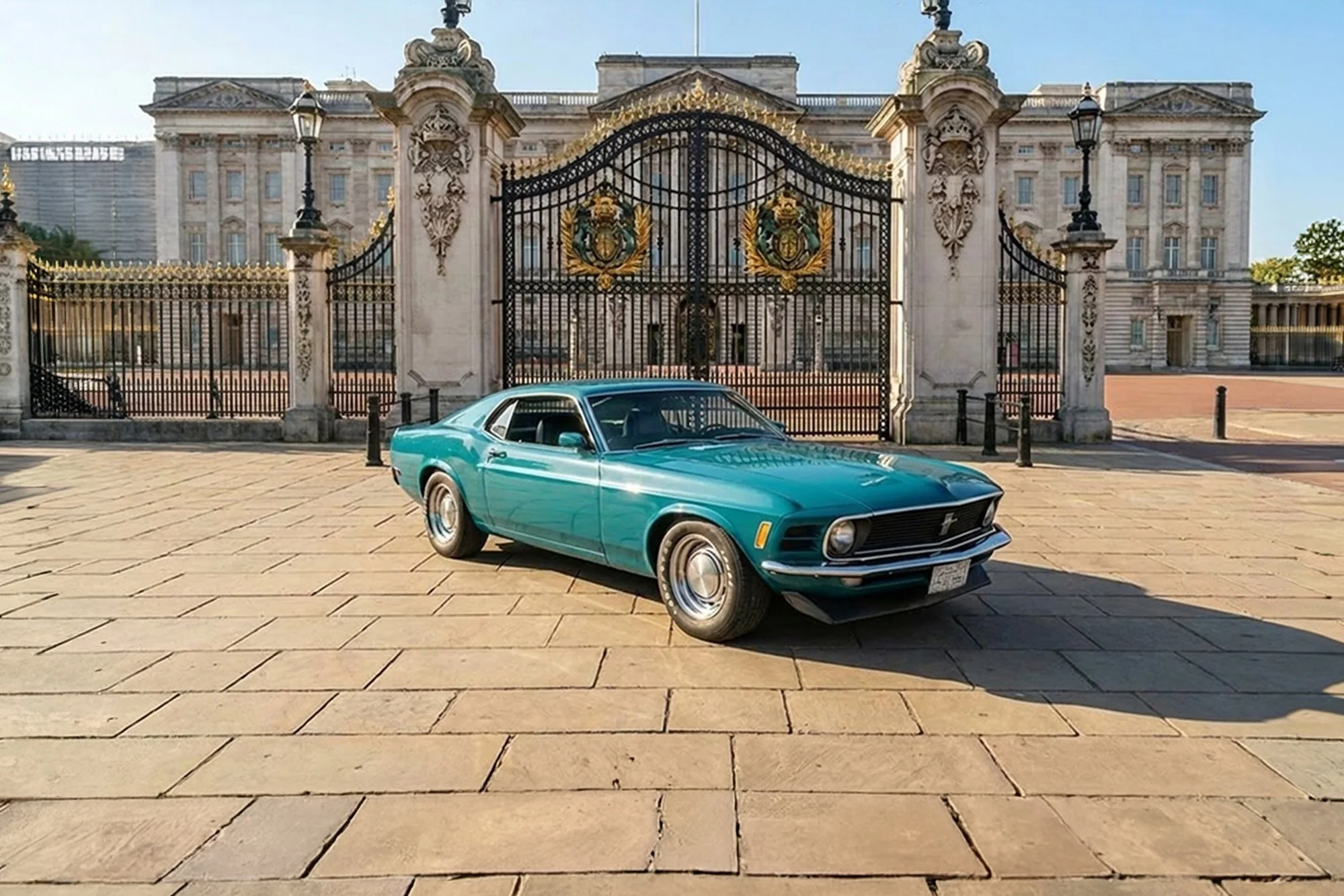 A vintage teal Ford Mustang car parked on paved ground in front of a large ornate gate with a historic building in the background.
