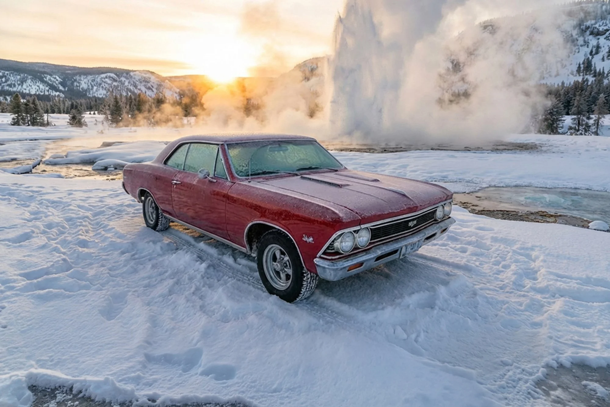 A red vintage Chevrolet car parked on snow-covered ground near a frozen lake, with steaming hot springs in the background and snow-covered mountains under a setting sun.