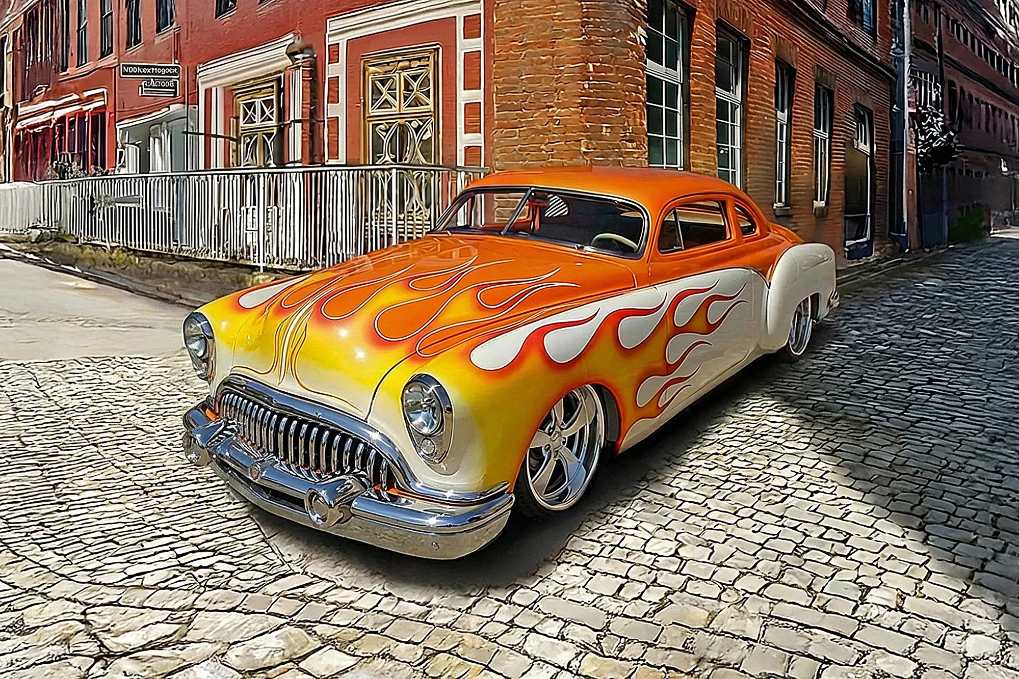 A vintage orange and white car with flame graphics painted on its hood and sides, parked on a cobblestone street in front of colorful brick buildings.