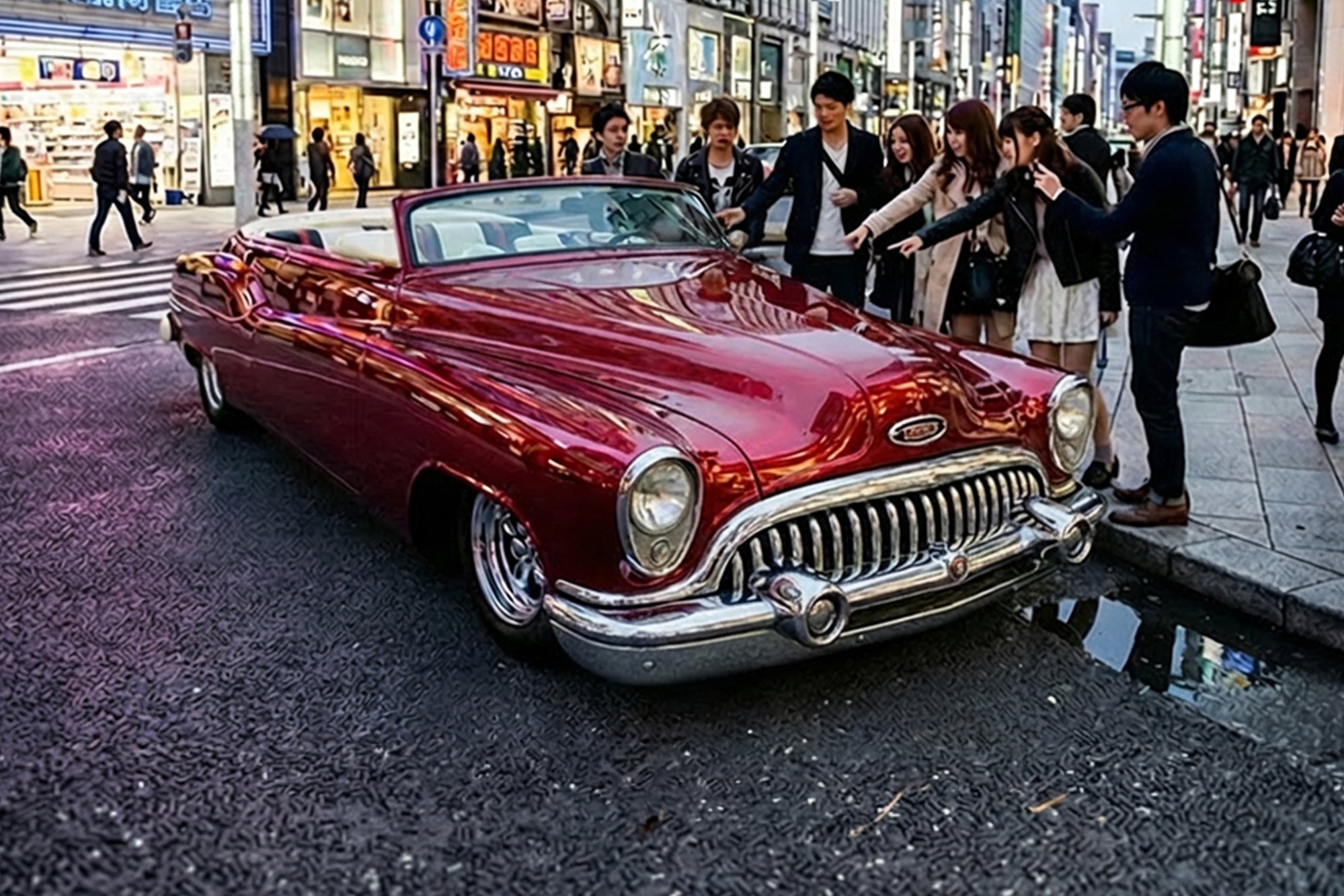 A shiny red vintage convertible car parked on a city street with a group of people standing nearby, pointing at the car, in a busy urban area with tall buildings and storefronts.