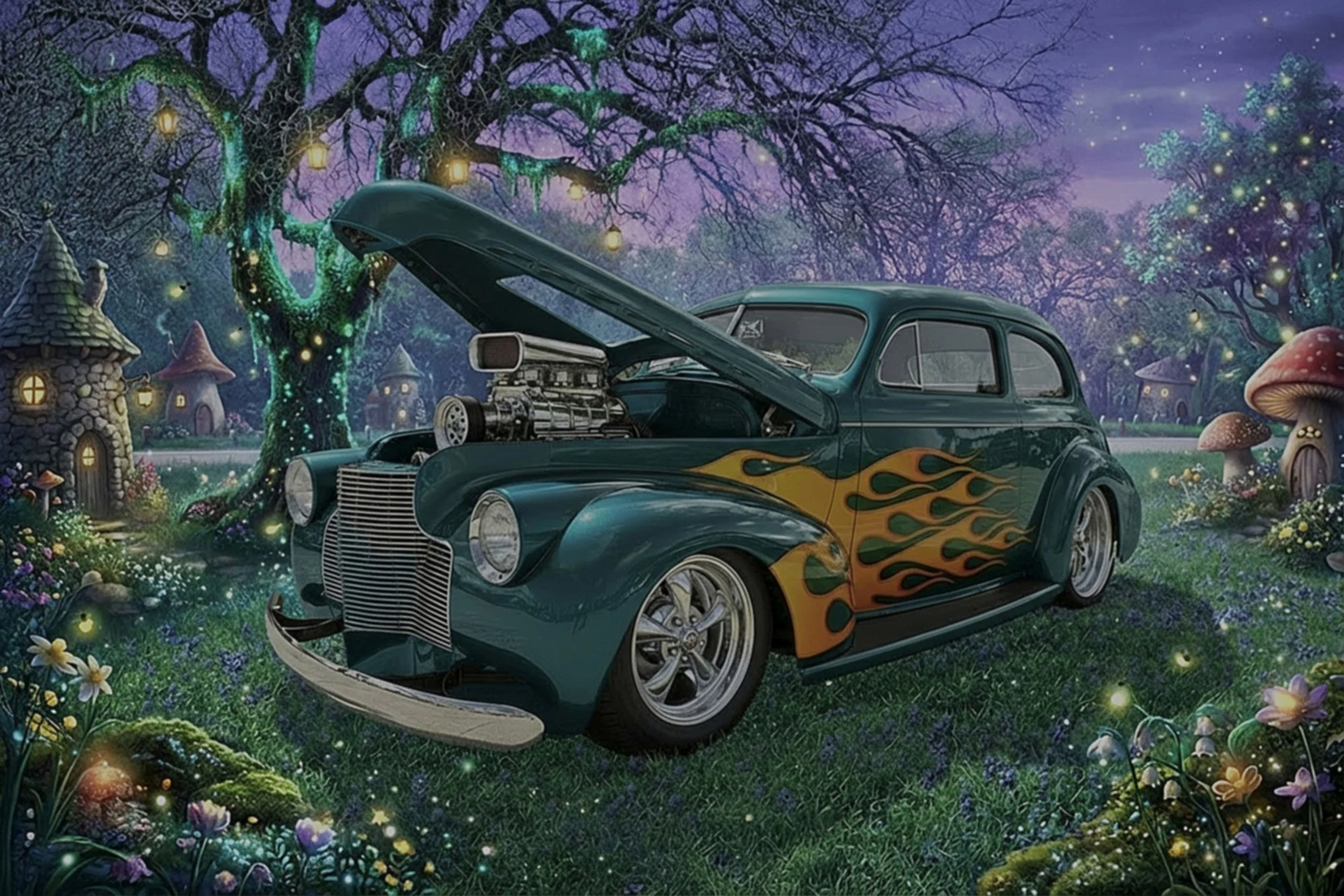A vintage blue car with flame decals on its side, parked in a fantastical, fairy-tale like landscape. The scene features glowing mushrooms, a whimsical house with a conical roof, a large tree decorated with hanging lanterns, and glowing fireflies, al