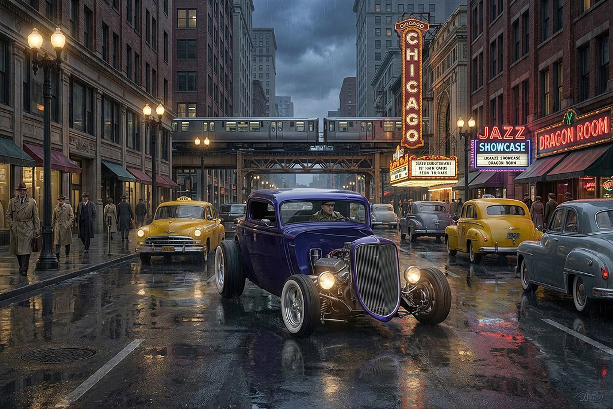 A vintage car parked on a wet city street at night with neon signs, pedestrians, and a train on an elevated track overhead.