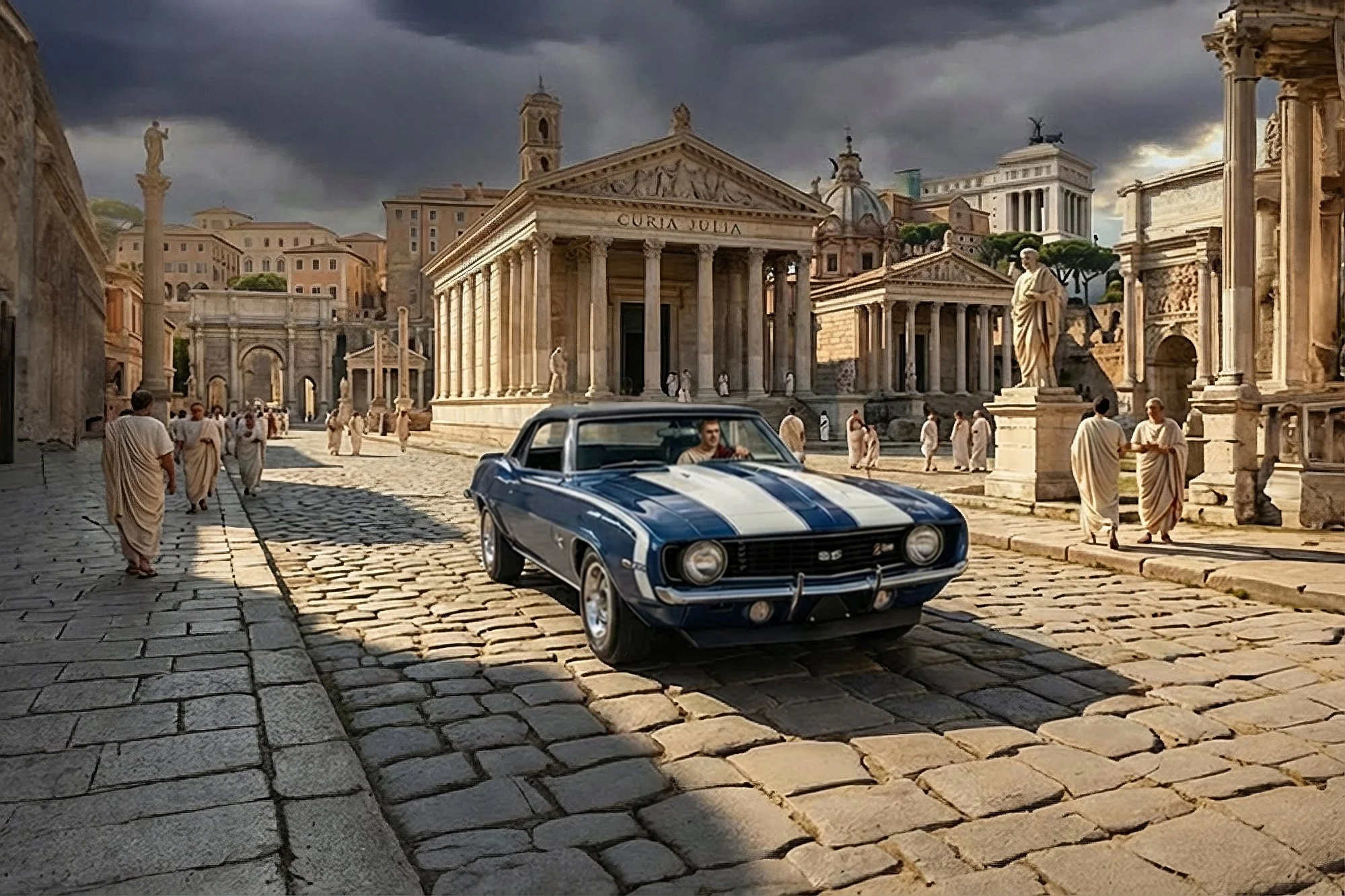 A historic scene with ancient Roman architecture, including temples and statues, set in a city with cobblestone streets. A blue classic muscle car with white racing stripes is driving through the scene, with a driver visible inside. Dark clouds are o