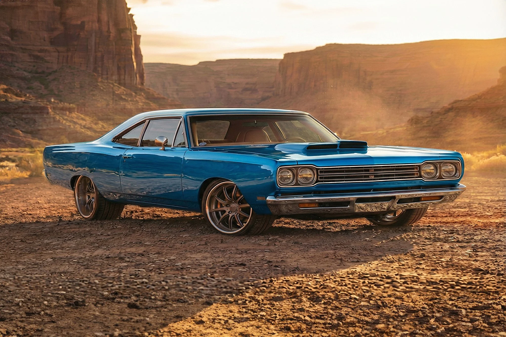 A classic blue muscle car with modern wheels parked on a dirt plain, with desert canyon cliffs in the background during sunset.