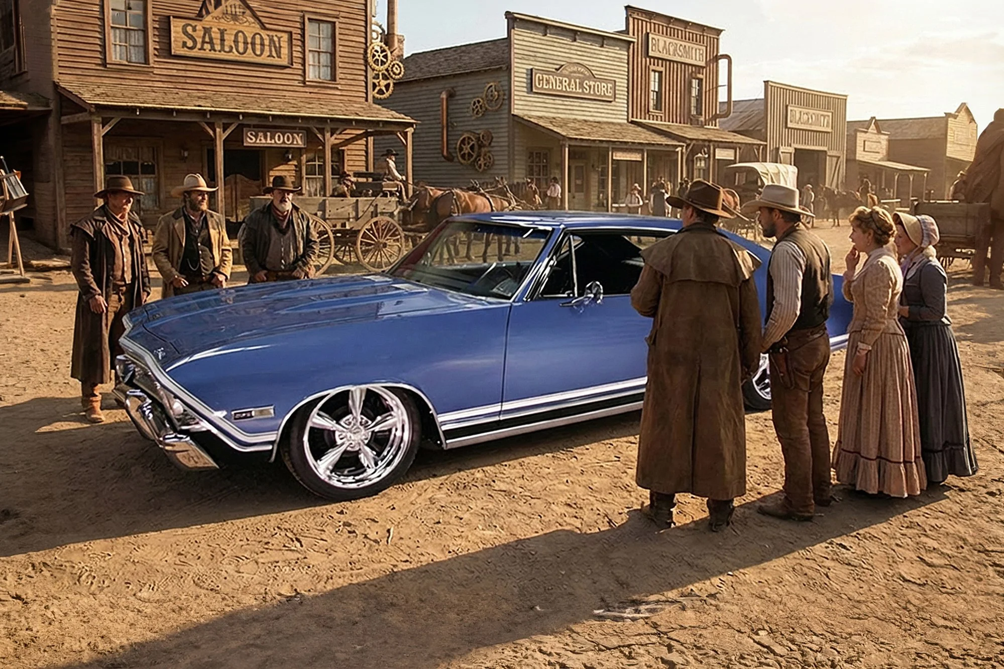 Scene from a Western movie set with a vintage blue car in the foreground and costumed actors in period clothing, including hats and long dresses, standing on dirt street in front of wooden buildings labeled 'Saloon' and 'General Store', with horses a