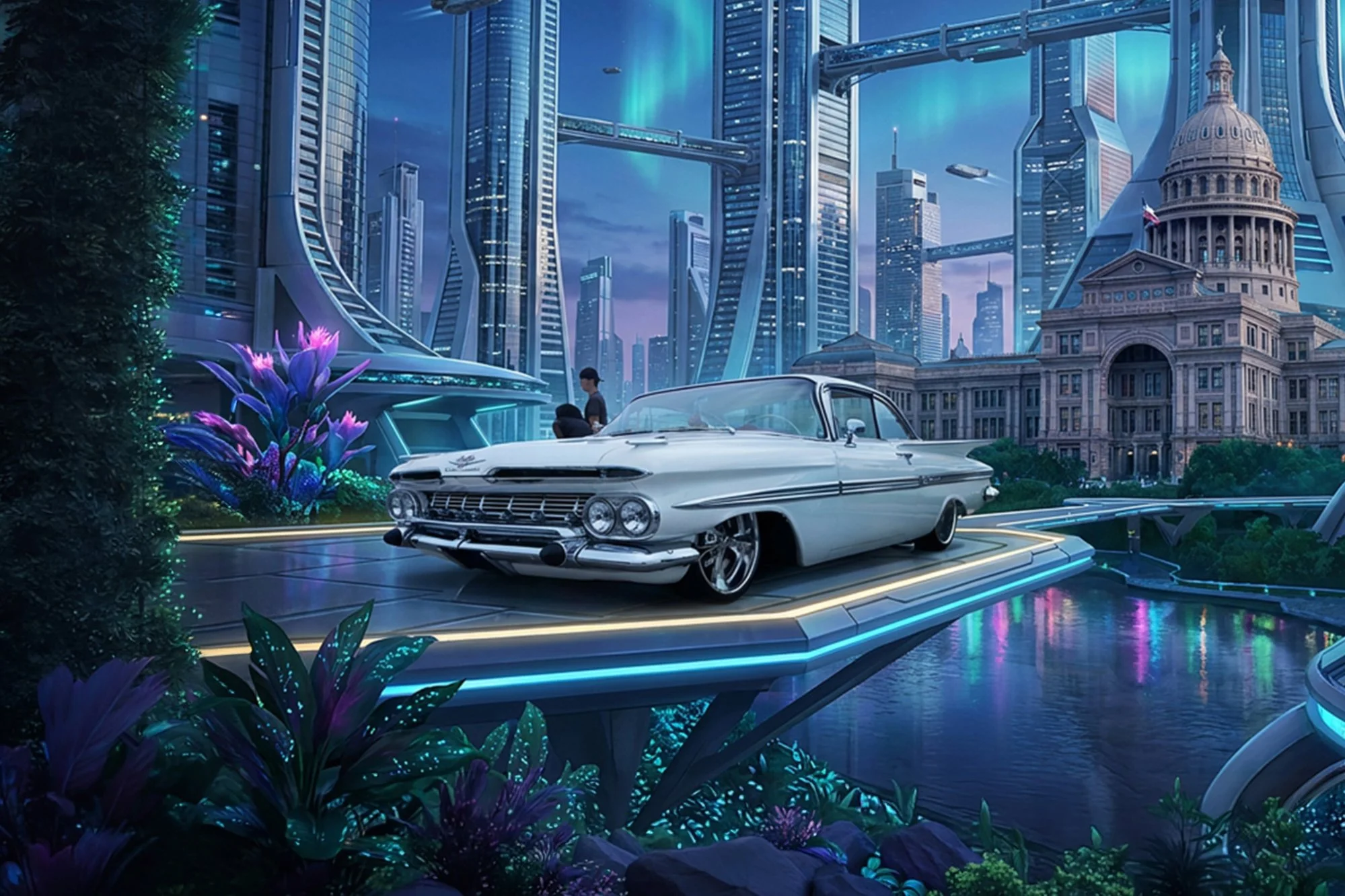 A futuristic cityscape at night with tall, illuminated skyscrapers, flying cars, and a large classical government building. In the foreground, a classic white vintage car is parked on a platform surrounded by vibrant, glowing plants and neon-lit acce