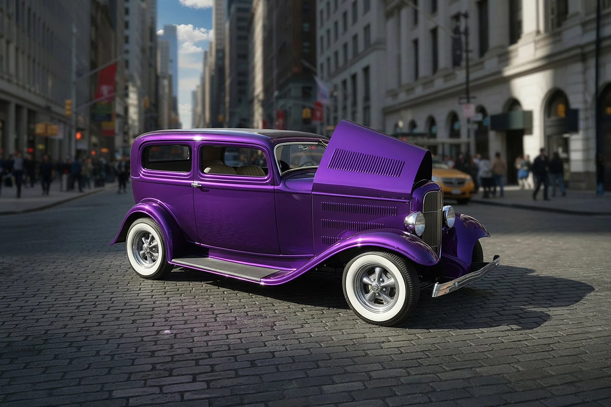 A vintage purple car parked on a cobblestone street in a busy city with tall buildings and pedestrians in the background.