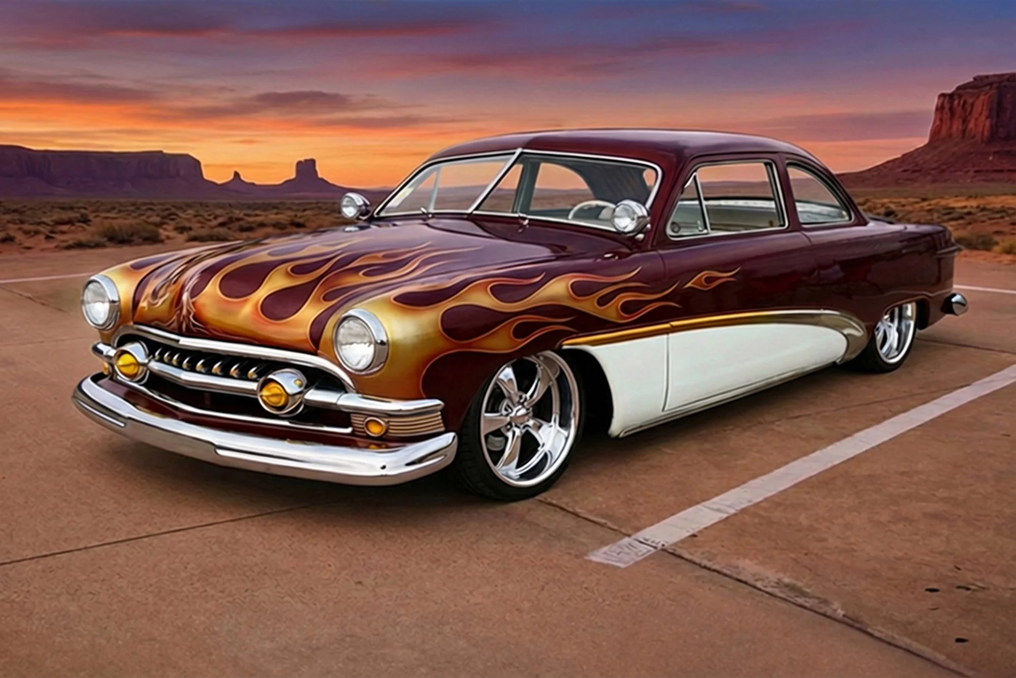A vintage black car with flame decals parked on a desert road at sunset, with mesas and a colorful sky in the background.