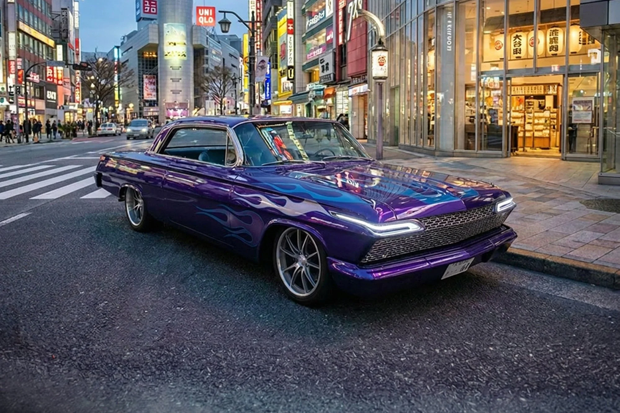 A vibrant purple vintage car with flame decals parked on a city street during evening. The background shows illuminated storefronts, signs, and pedestrians, indicating a lively urban area.