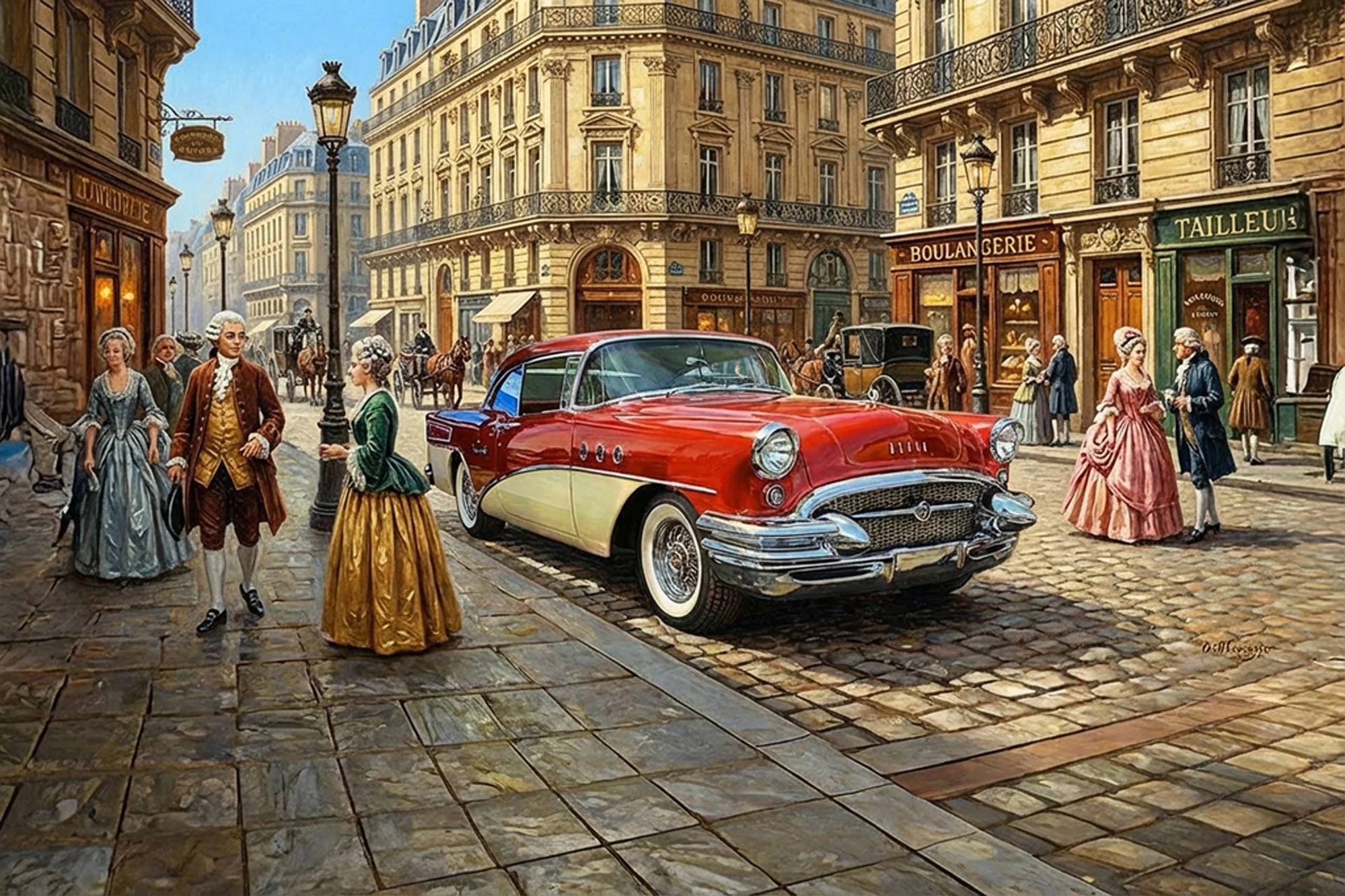Historical street scene with a vintage red and white car, people in period clothing, and classic Parisian buildings.