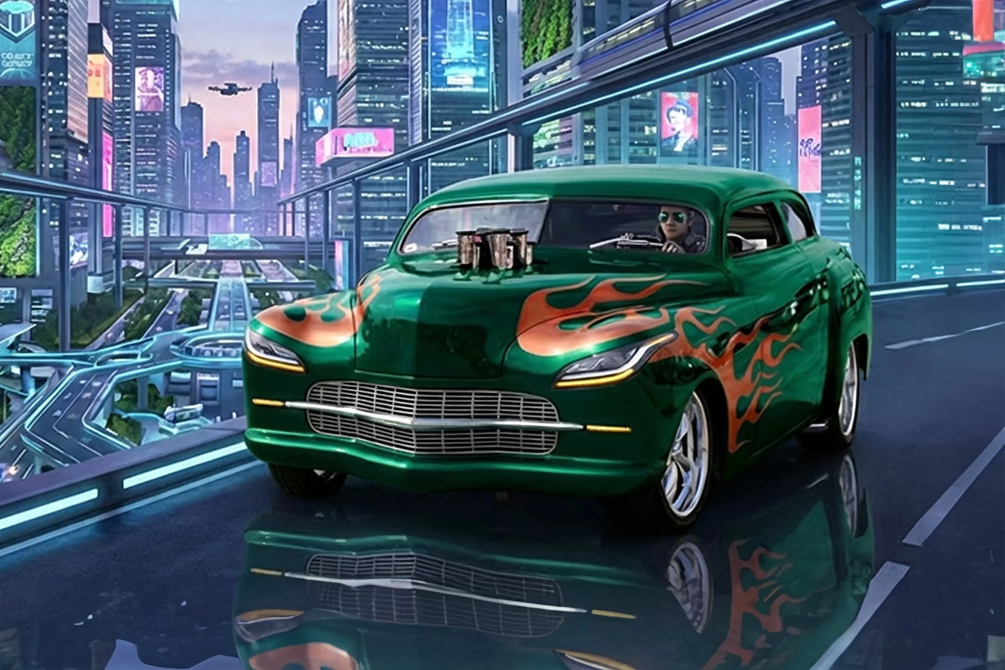 A green vintage-style car with orange flame decals on the side, driving on a futuristic elevated highway in a city with tall, brightly lit skyscrapers and digital billboards, under a colorful sky with pink and purple hues.