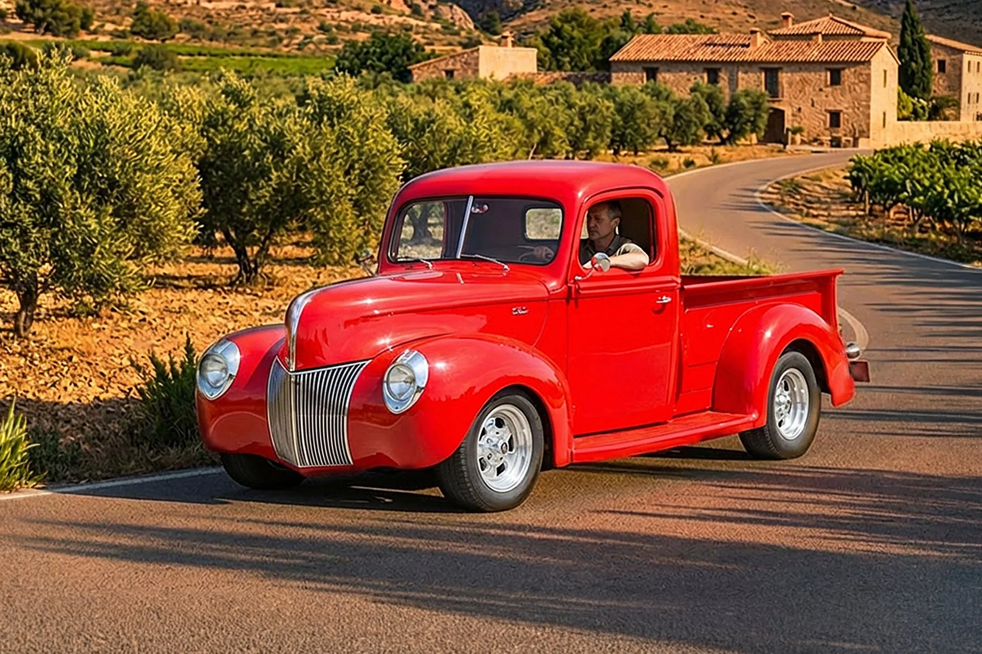A red vintage pickup truck driving on a winding road through a countryside with green bushes and trees, historic stone buildings, and hills in the background.