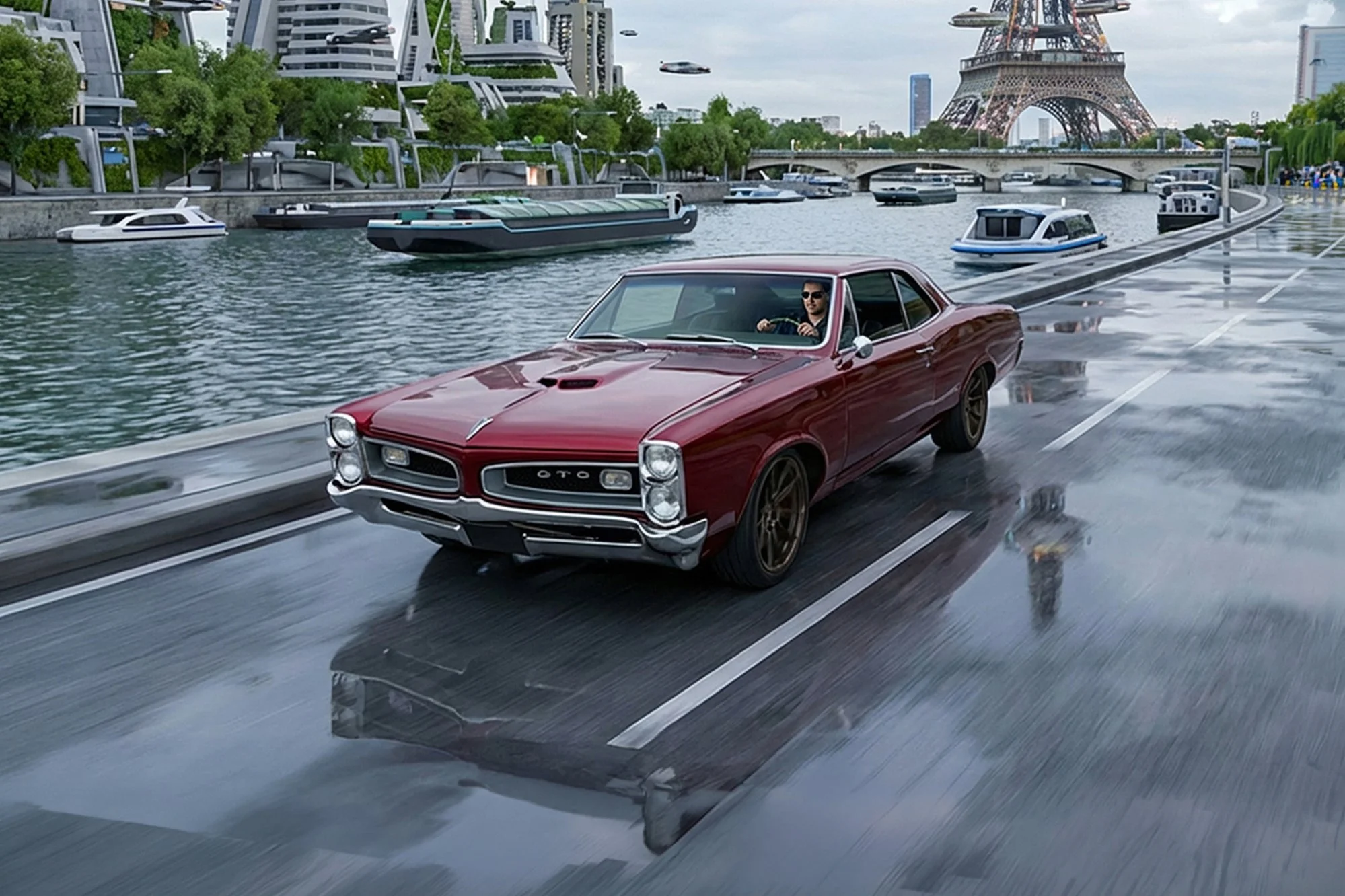 A vintage red muscle car drives on a wet road beside a river, with boats docked along the bank and the Eiffel Tower replica in the background, indicating a futuristic cityscape.