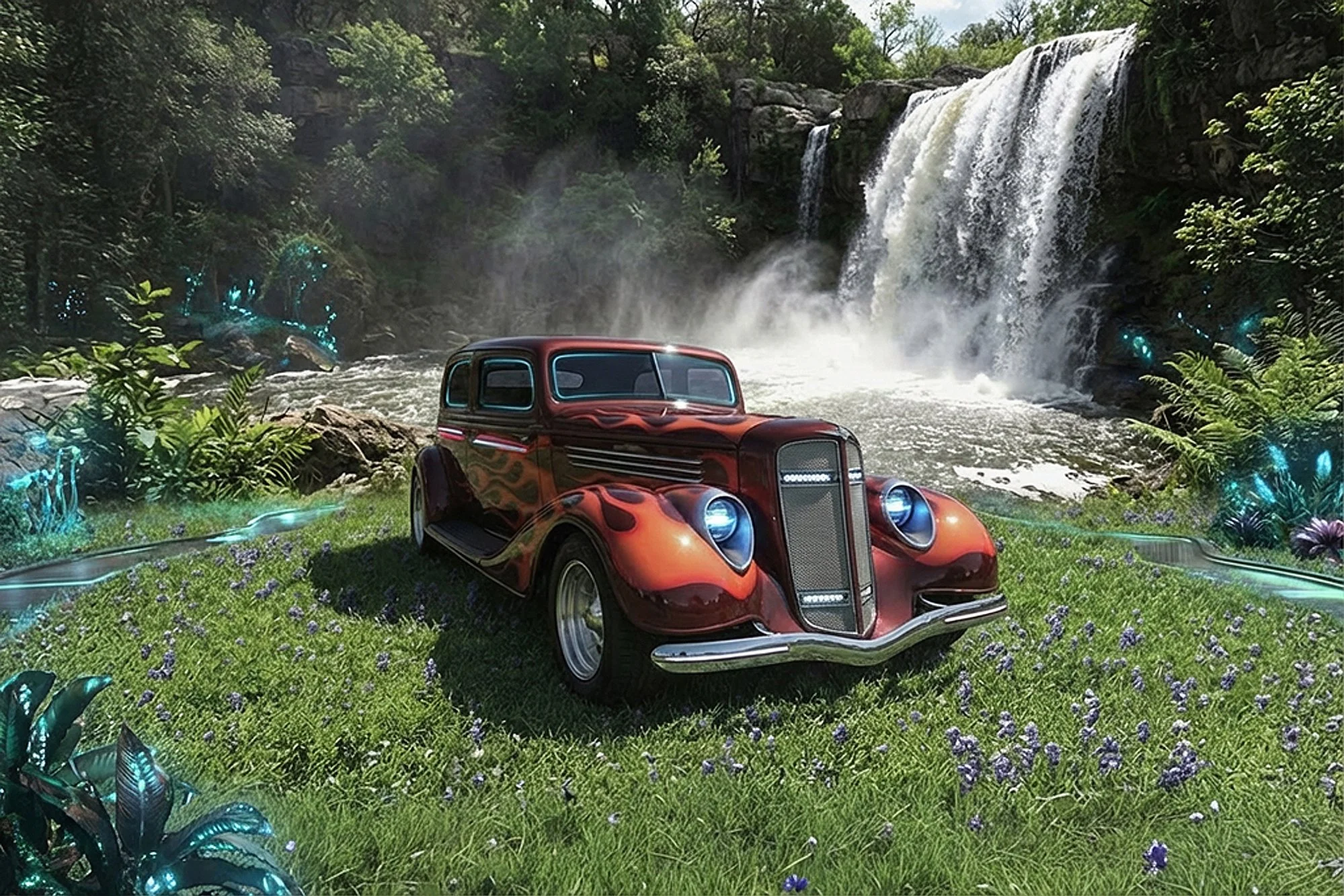 A vintage red car with flame decals parked on lush green grass with purple flowers, in front of a waterfall surrounded by dense green trees.