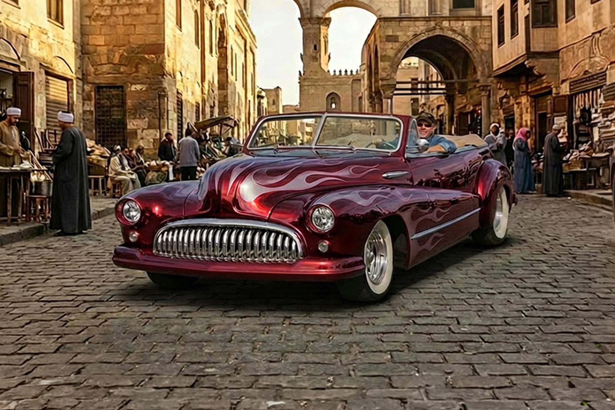 A vintage red car with flame decals on a cobblestone street in a historic city with old stone buildings, merchant stalls, and people dressed in traditional attire.