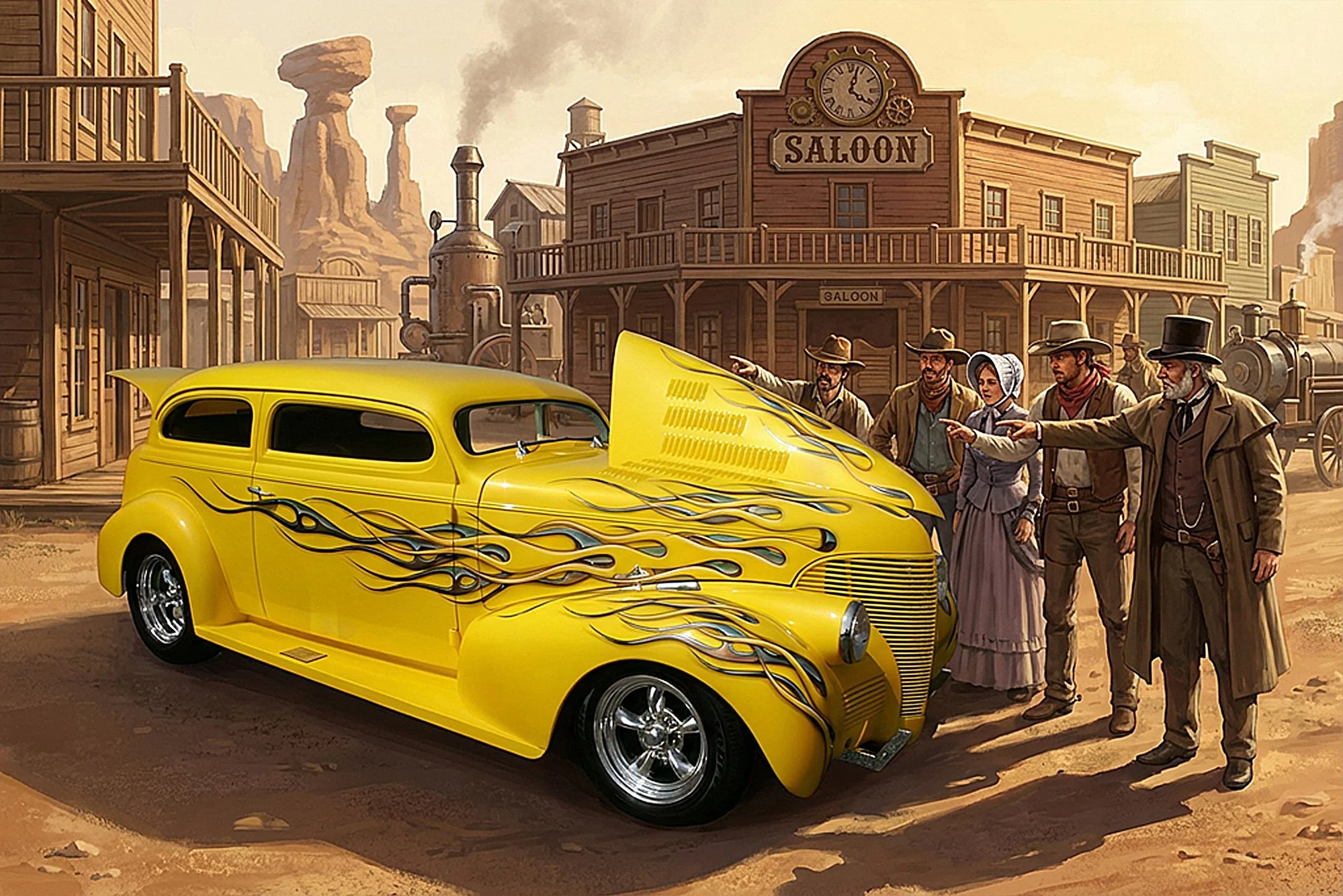 A bright yellow vintage car with black and yellow flame designs on the side, parked in a Wild West town setting. Four people dressed as cowboys and a woman in period clothing are pointing at the car, which is in front of wooden buildings, including a