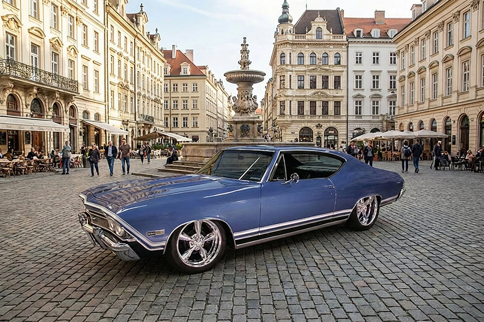 Blue vintage car parked on cobblestone street in a historic European city square with ornate buildings, outdoor cafes, and pedestrians walking around, centered around a decorative fountain.