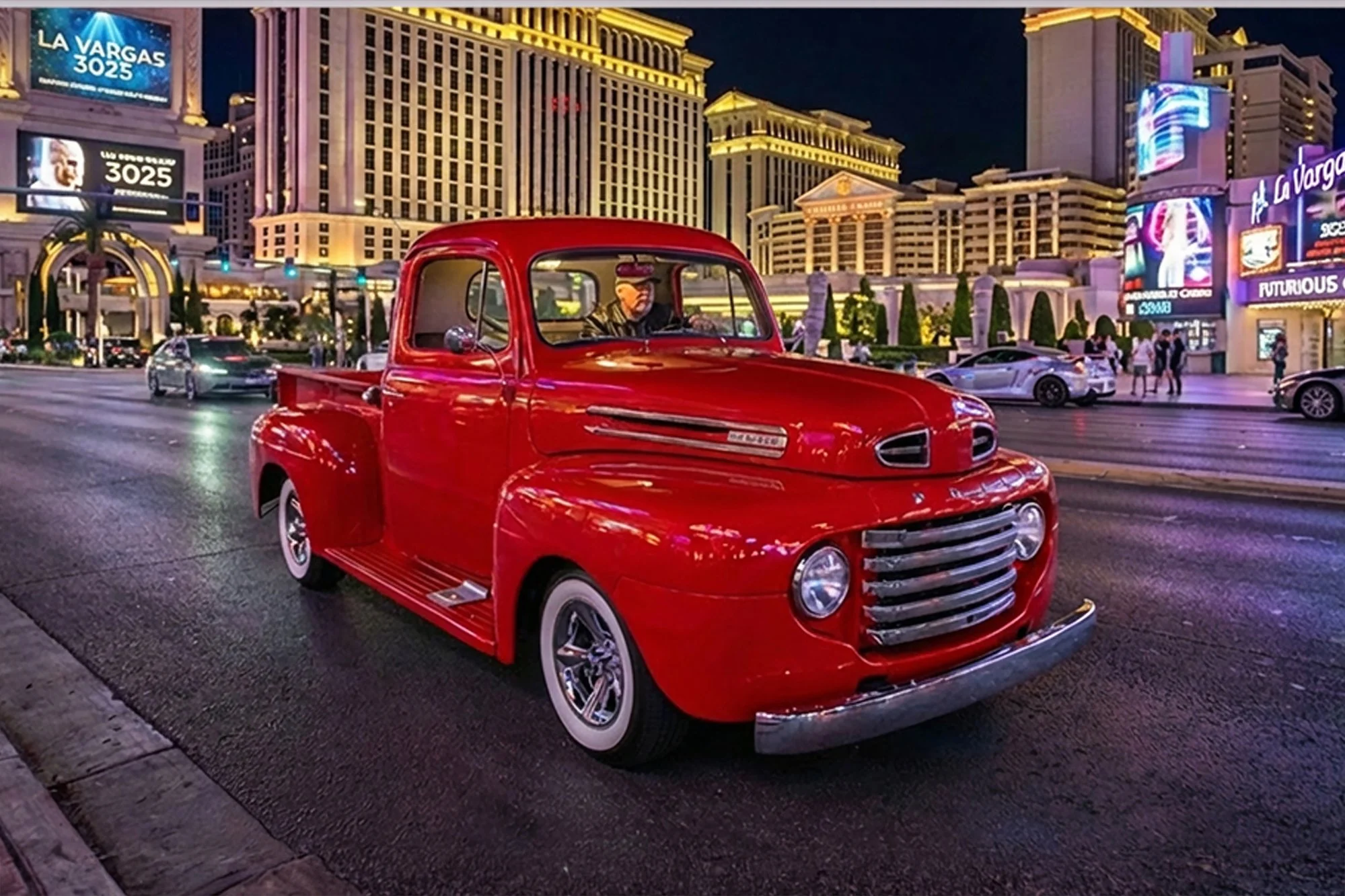 A vintage red pickup truck driving through a brightly lit city street at night, with tall illuminated buildings and billboards in the background.