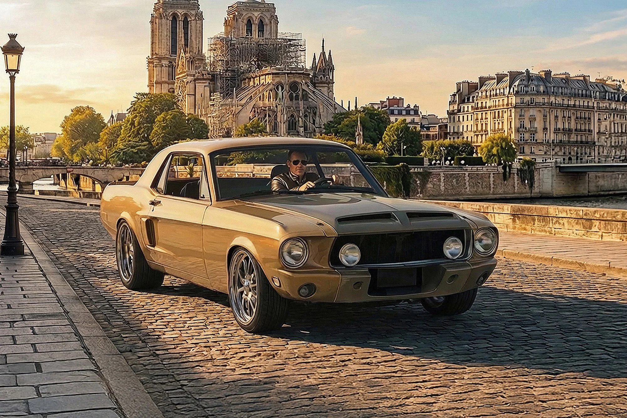 A classic beige sports car parked on a cobblestone street in front of Notre-Dame Cathedral in Paris, France, with a woman wearing sunglasses inside.