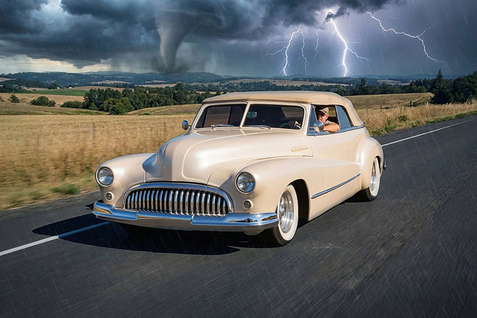 A vintage beige convertible car driving on a road during a thunderstorm with lightning in the dark sky.